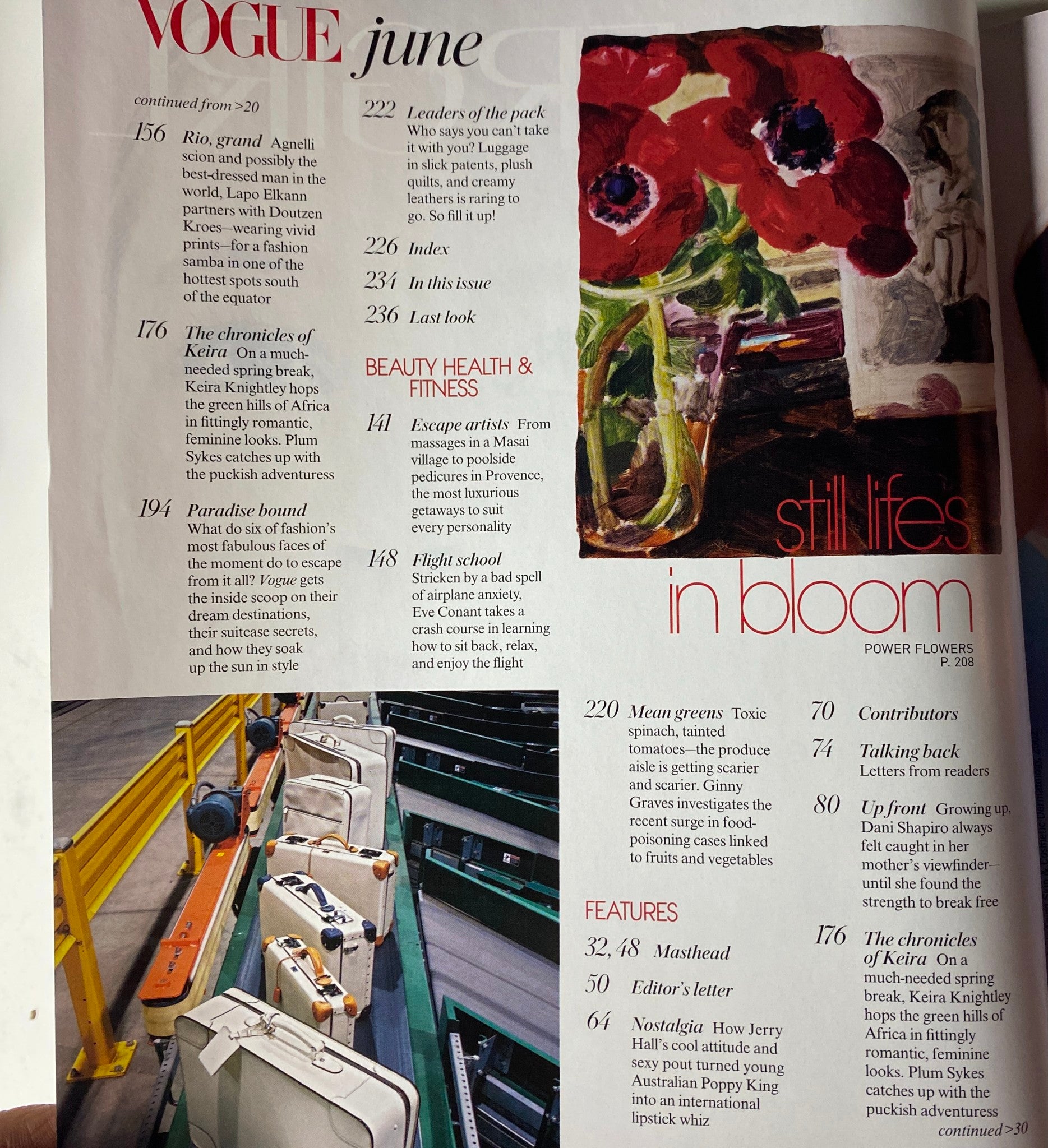 Continuation page from Vogue Magazine June 2007, displaying articles related to beauty, fashion, and features highlighting upcoming trends.