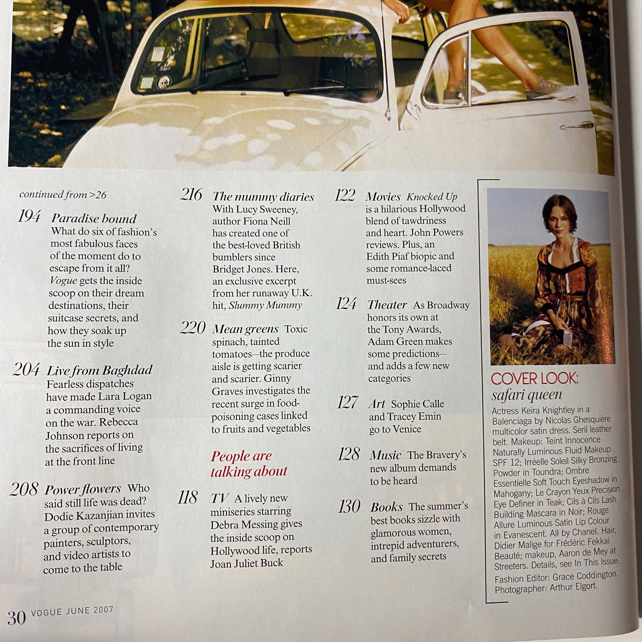 Another continuation page from Vogue Magazine June 2007 depicting additional articles and summaries including the cover look of Keira Knightley.