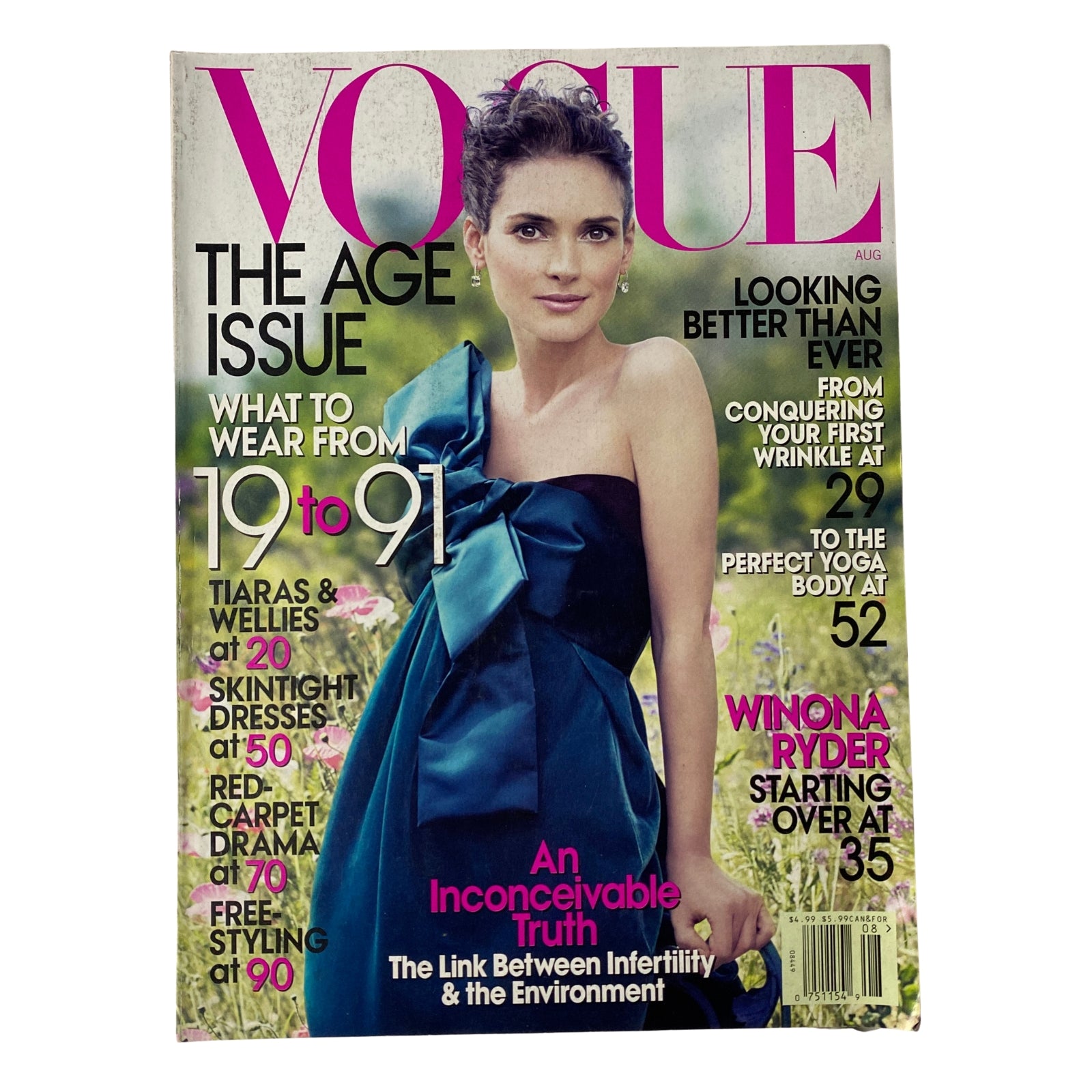 Vogue Magazine August 2007 featuring Winona Ryder on the cover. The cover highlights 'The Age Issue' and showcases a stunning gown worn by Ryder. The magazine's title and issue details are prominently displayed.