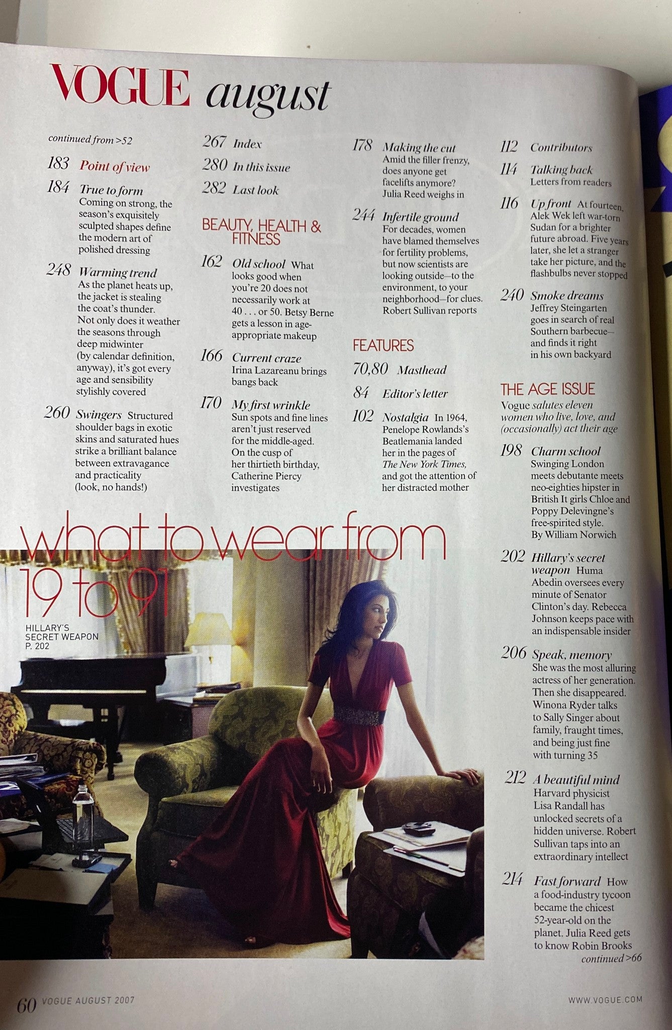 Interior page from Vogue Magazine August 2007 displaying the table of contents with highlights of various sections such as 'Beauty Health & Fitness' and 'Features'. This edition emphasizes fashion advice across generations.