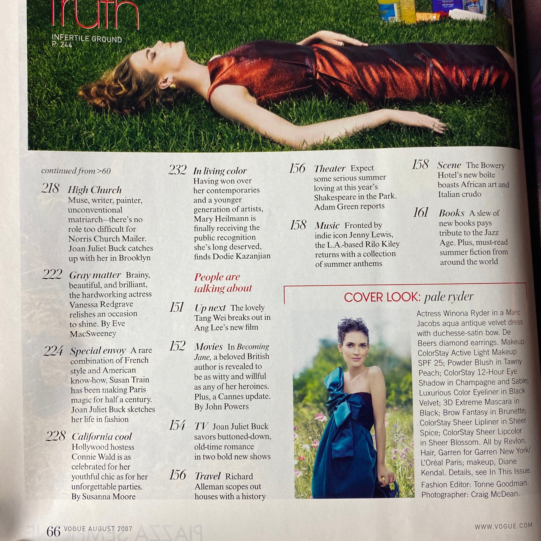 Vogue Magazine August 2007 featuring Winona Ryder on the cover, showcasing a stunning photo with her in an elegant outfit against a tranquil outdoor backdrop, highlighting the 'Inconceivable Truth' article.