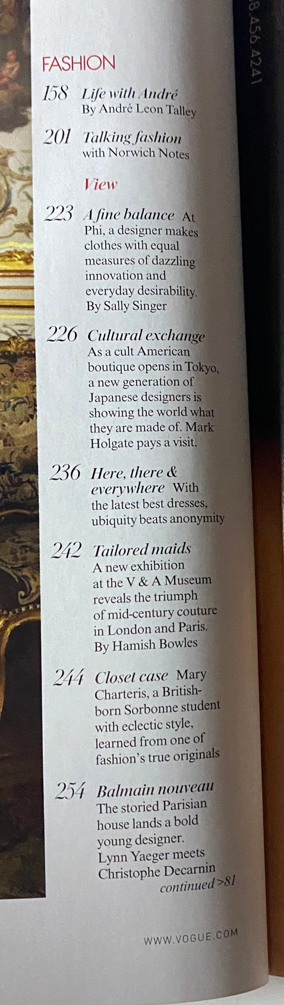 Interior page of Vogue Magazine October 2007 listing fashion articles, including features on André Leon Talley and modern fashion designs.