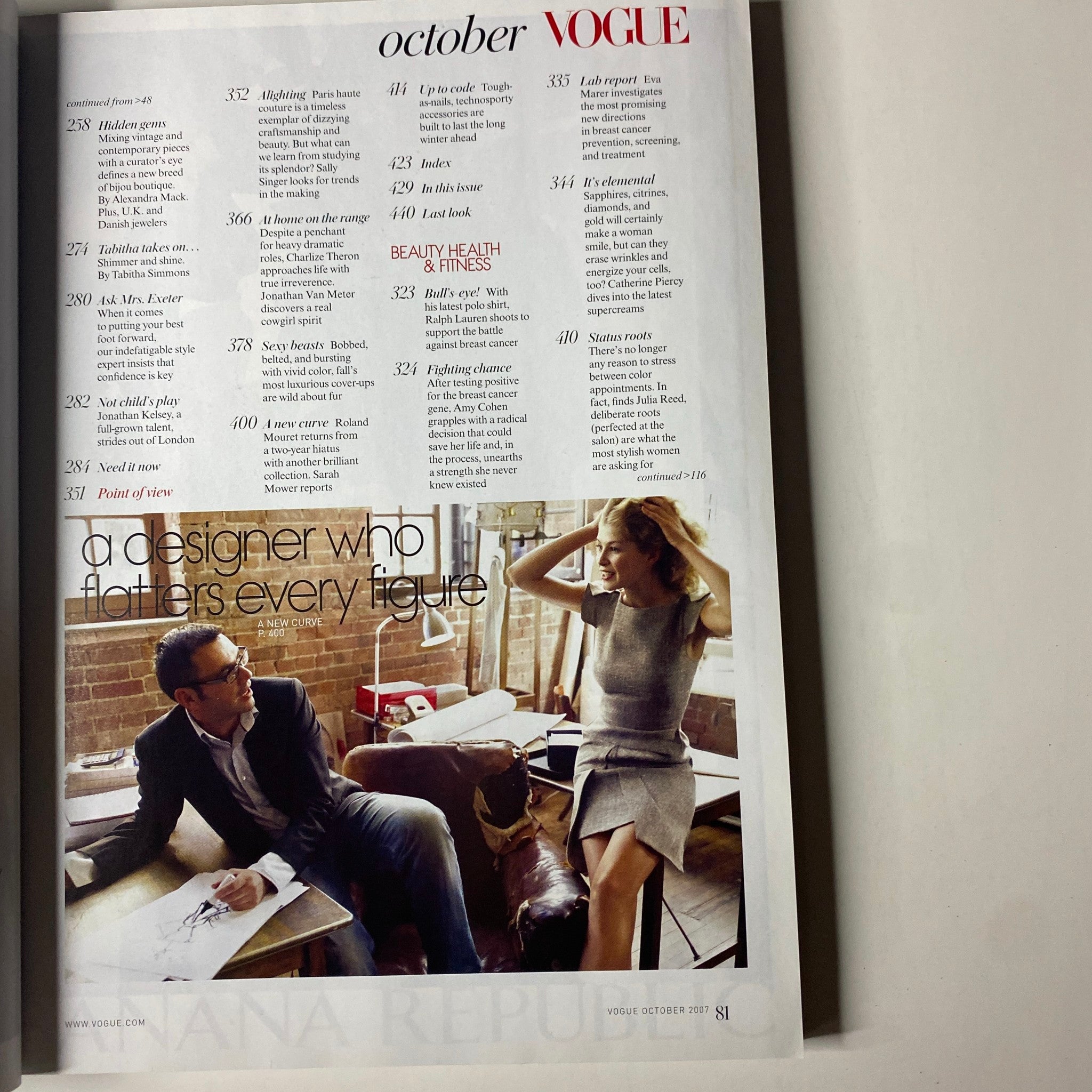 Full page from Vogue Magazine October 2007 displaying fashion lifestyle and beauty articles, featuring a designer profile and wellness insights.