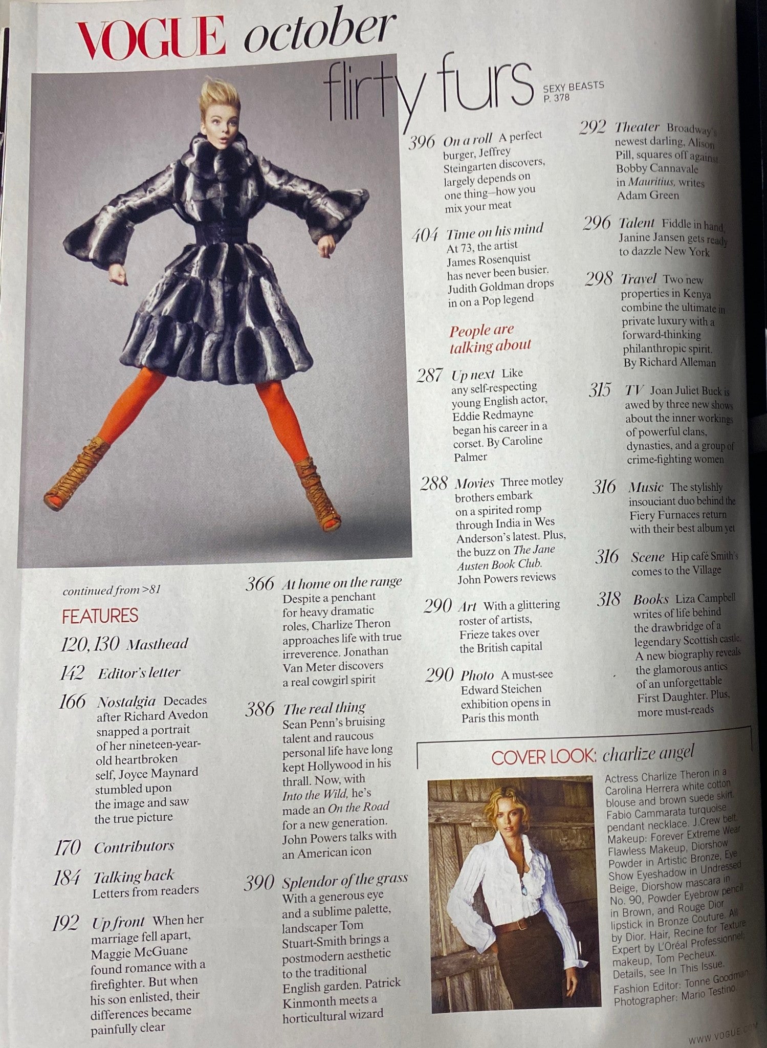 Vogue Magazine October 2007 page showcasing articles on Flirty Furs fashion styles, featuring Charlize Theron in an editorial context.