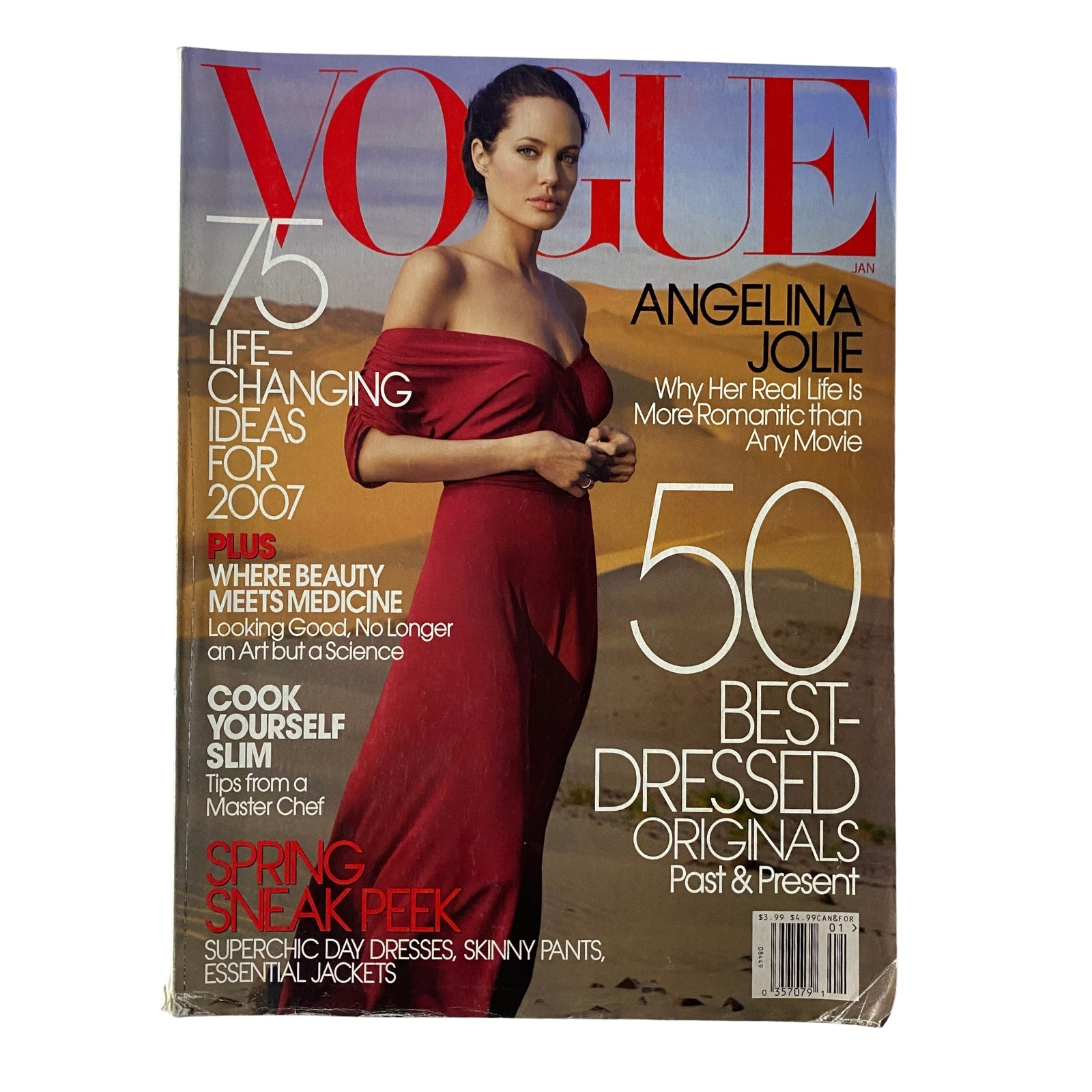 Vogue Magazine January 2007 cover featuring Angelina Jolie in a red dress. The cover highlights articles on life-changing ideas for 2007, best-dressed originals, and the intersection of beauty and art.