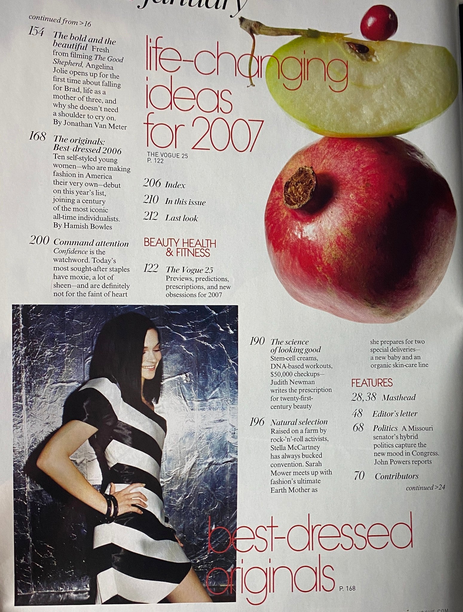 Vogue Magazine January 2007 featuring an article on life-changing ideas for 2007 and a section on best-dressed originals. The magazine includes a pomegranate and apple illustration.