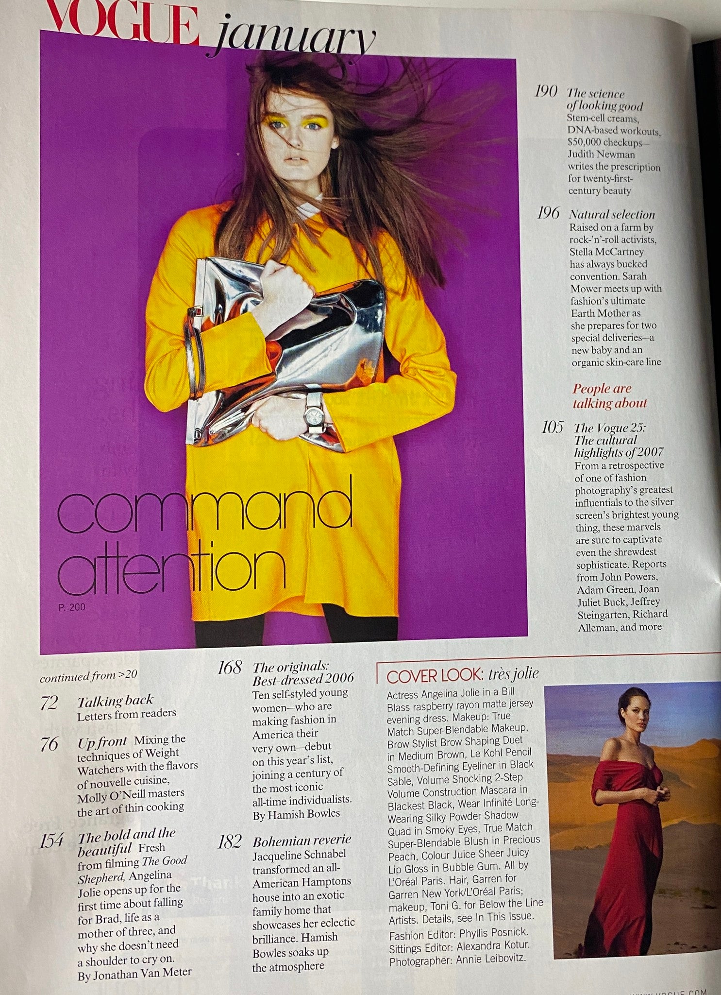 Vogue Magazine January 2007 showcasing a model in a striking yellow outfit, with an accessory that commands attention. The layout highlights articles and features for the month.