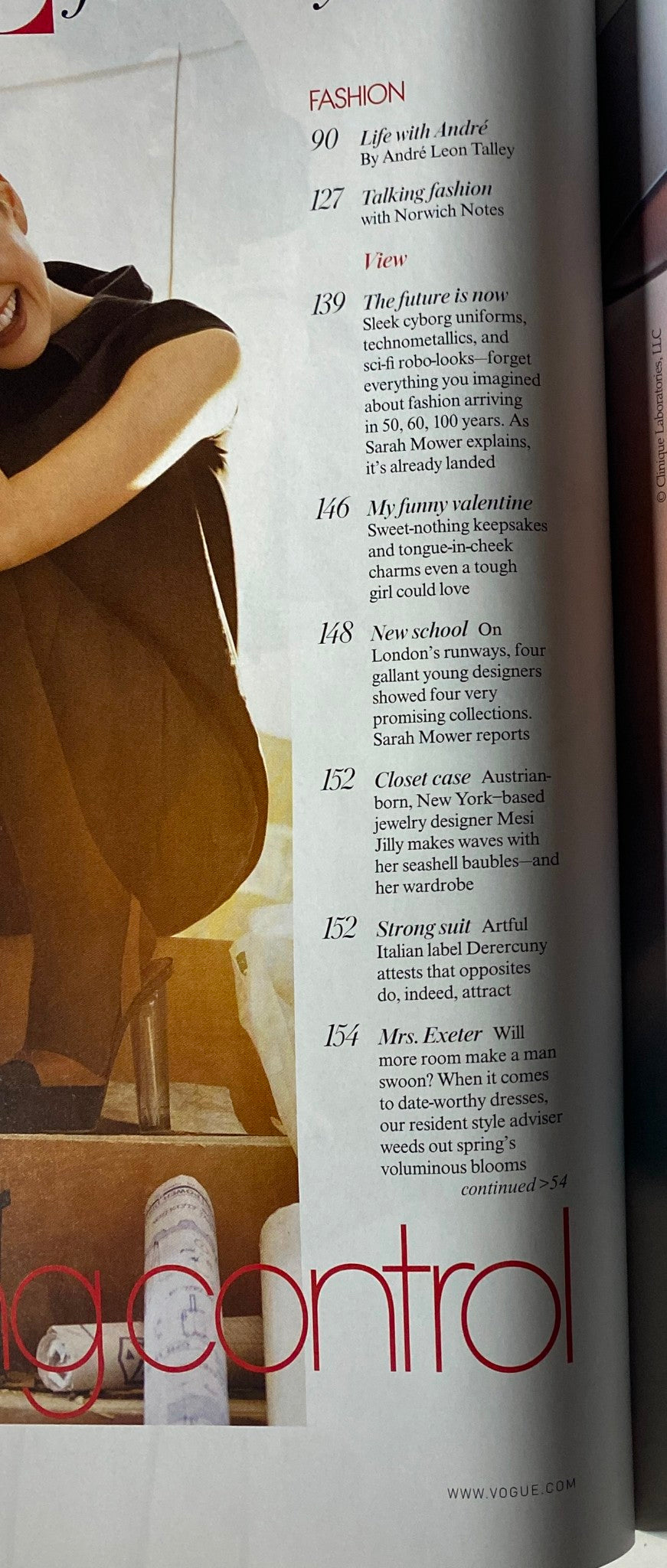 Table of contents from Vogue Magazine February 2007, featuring fashion features including 'Do It Yourself' and 'Walking Fashion with Norwich Notes'.