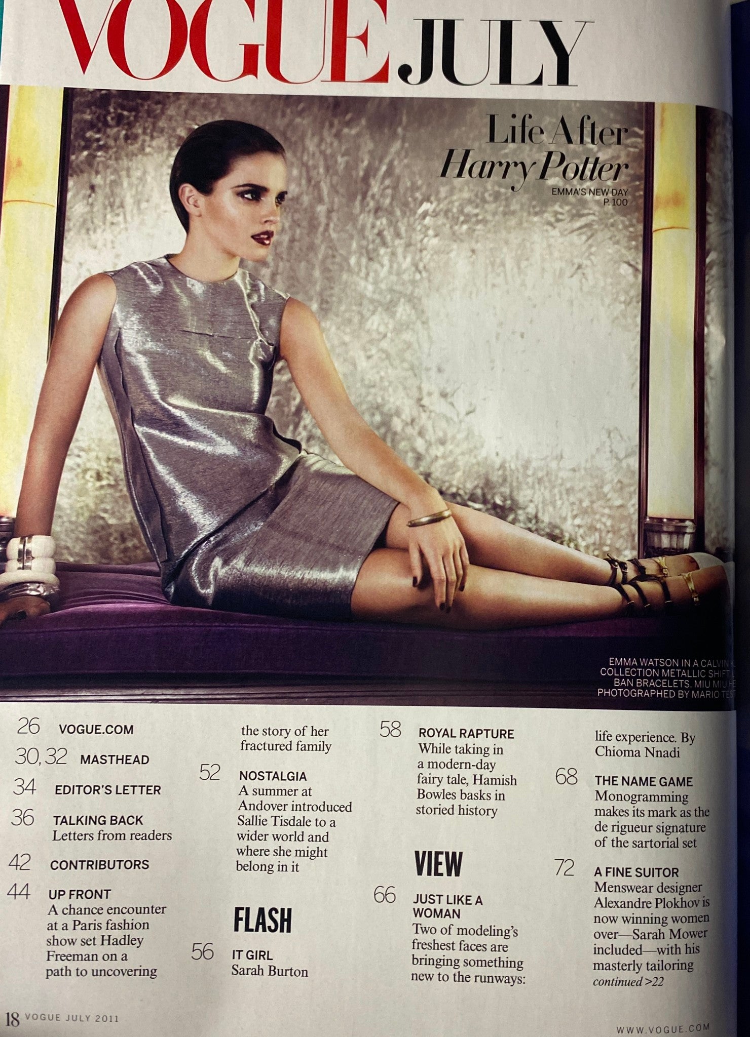 Inside page from Vogue Magazine July 2011 showing Emma Watson in a metallic shift dress, discussing her life after Harry Potter and highlighting fashion trends.