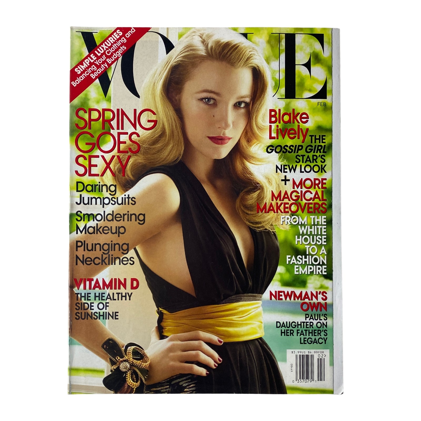 Cover of Vogue Magazine February 2009 featuring Blake Lively, highlighting fashion trends like daring jumpsuits and plunging necklines, showcasing her glamorous look.