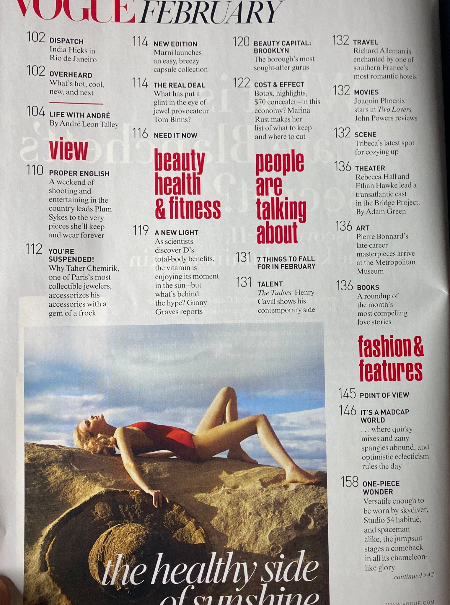 Interior page from Vogue Magazine February 2009 displaying table of contents and feature highlights, including beauty, health, fashion, and cultural insights from the issue.