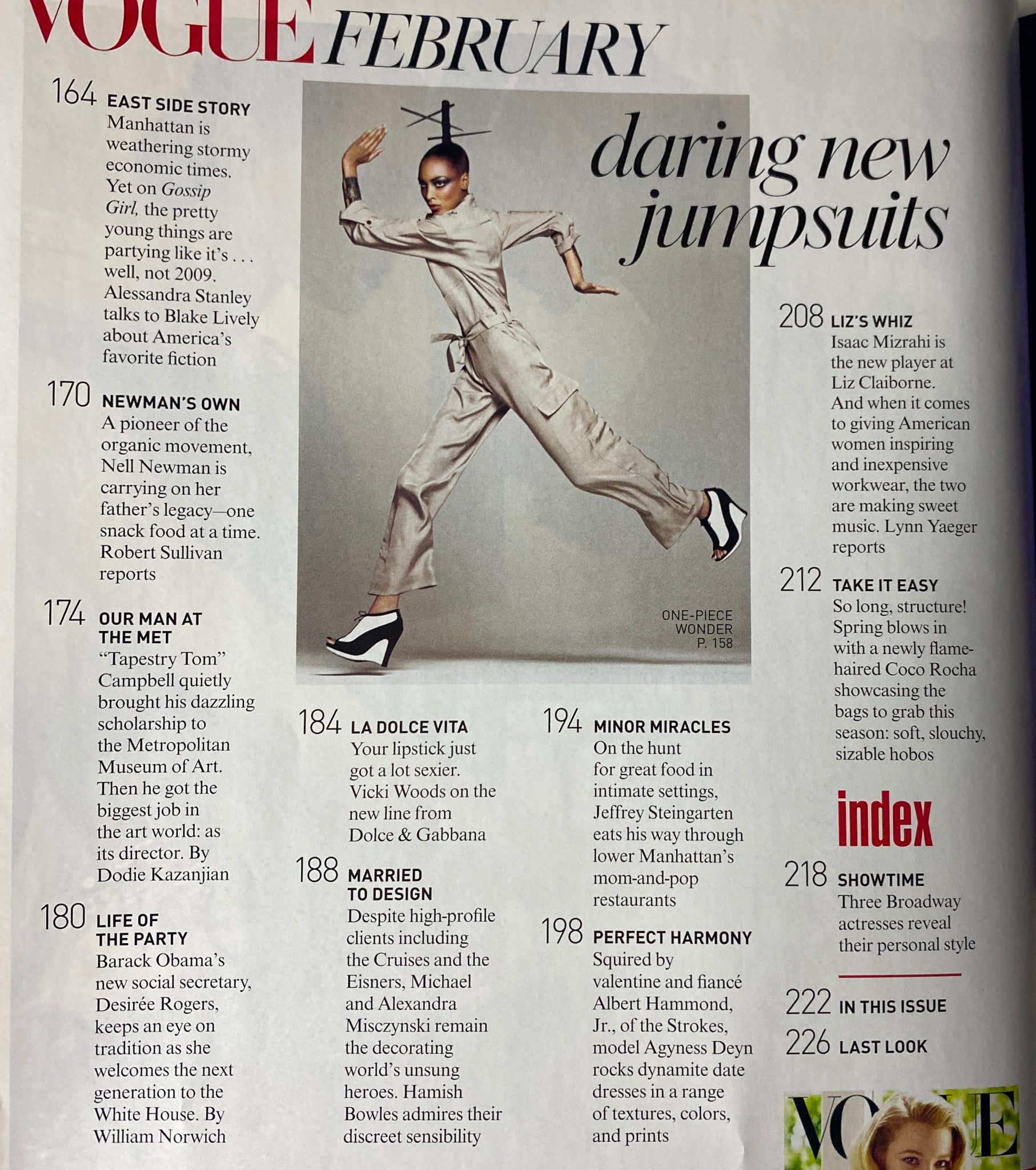 Vogue Magazine February 2009 Blake Lively Cover featuring high-fashion jumpsuits, showcasing the daring new style trends within a vibrant layout.