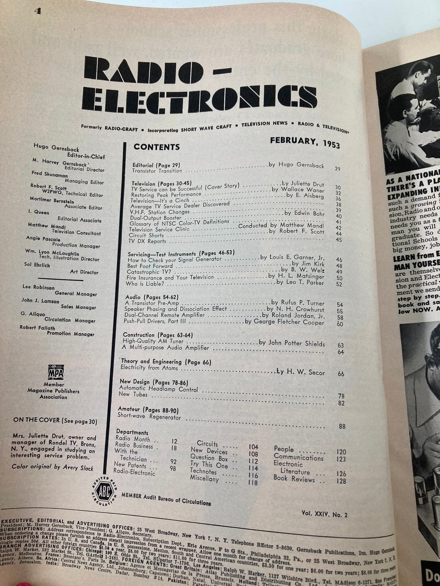 VTG Radio-Electronics Magazine February 1953 Succcessful Woman Service Operator