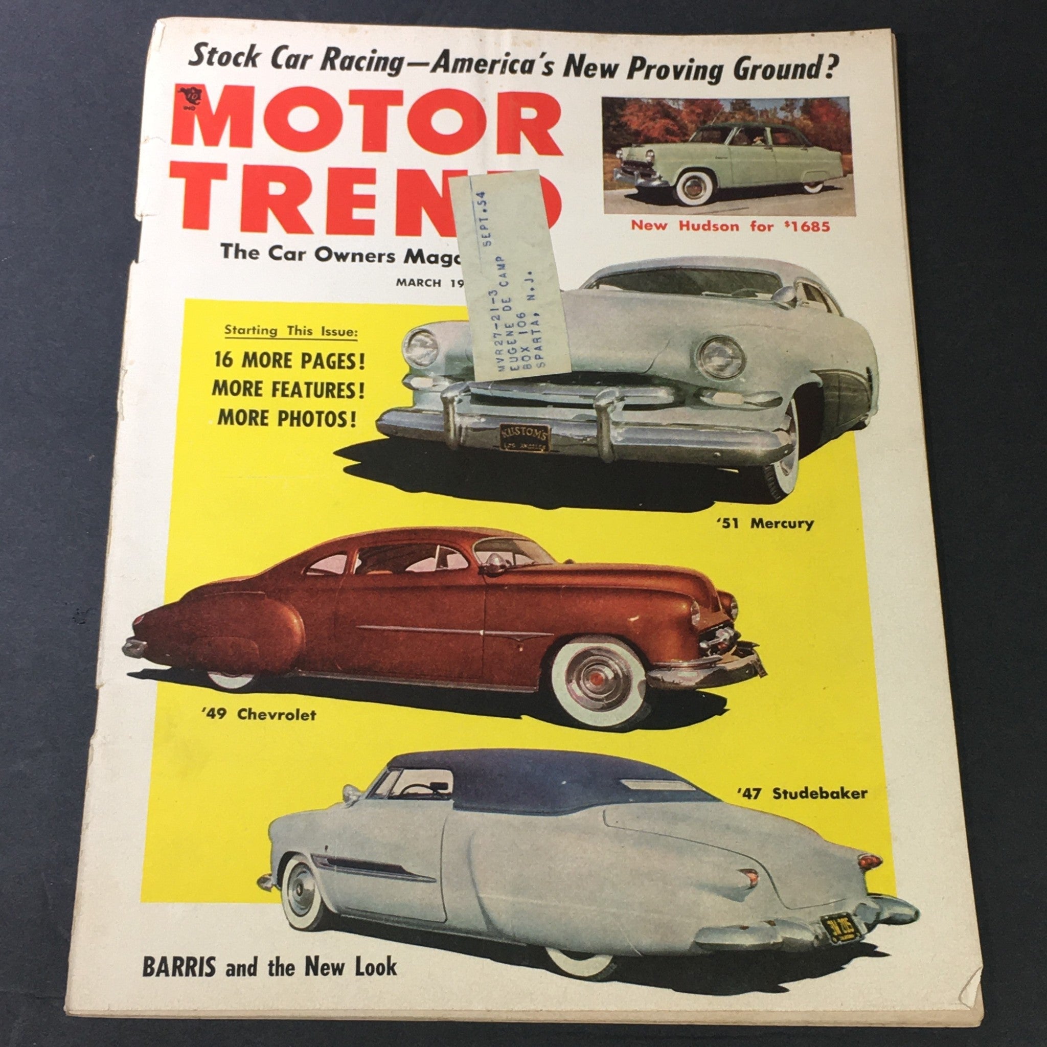 Cover image of VTG Motor Trend Magazine March 1953 featuring classic cars including a '49 Chevrolet, '51 Mercury, and '47 Studebaker, with vibrant colors and vintage design elements.