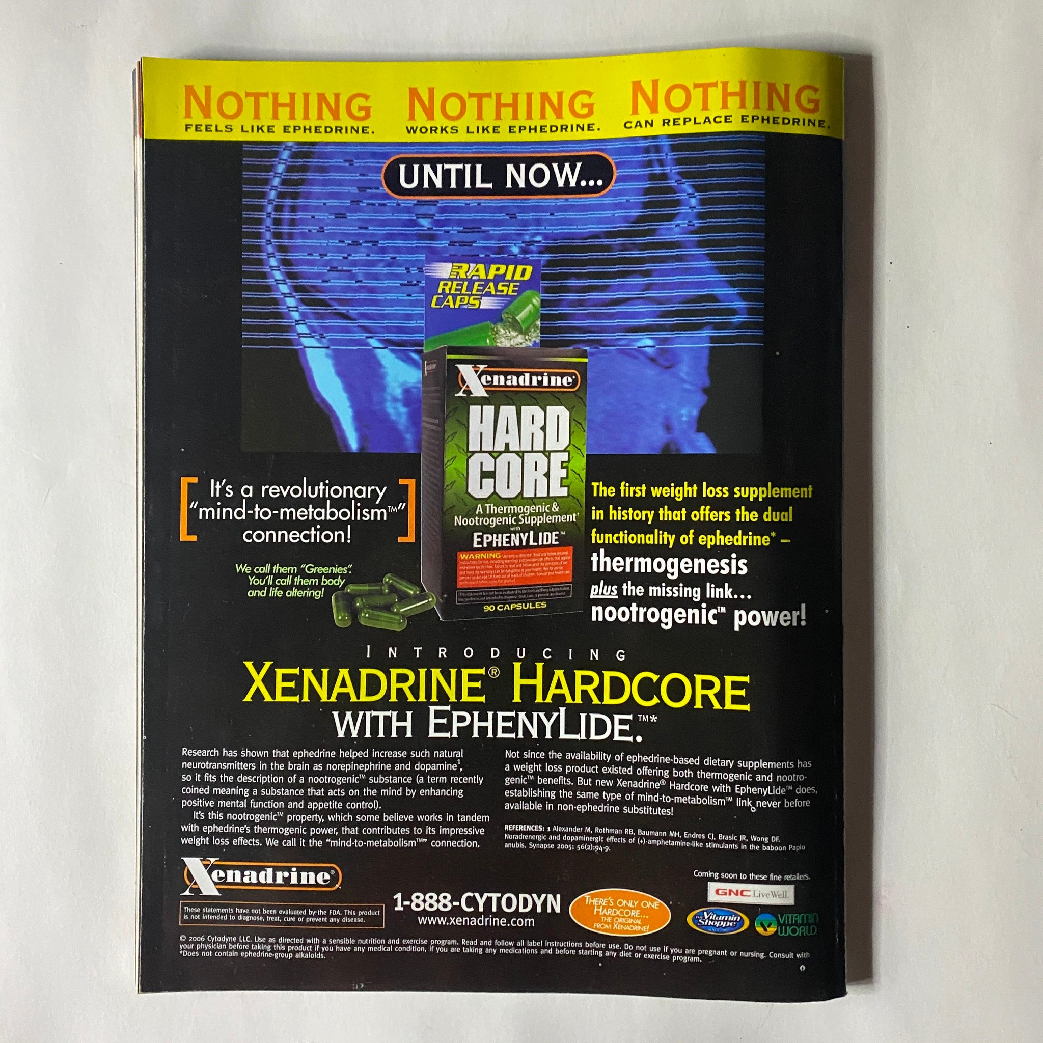 Back cover of Fitness RX Magazine March 2006 featuring an advertisement for Xenadrine Hardcore with a focus on its fat-burning and metabolism-boosting properties.