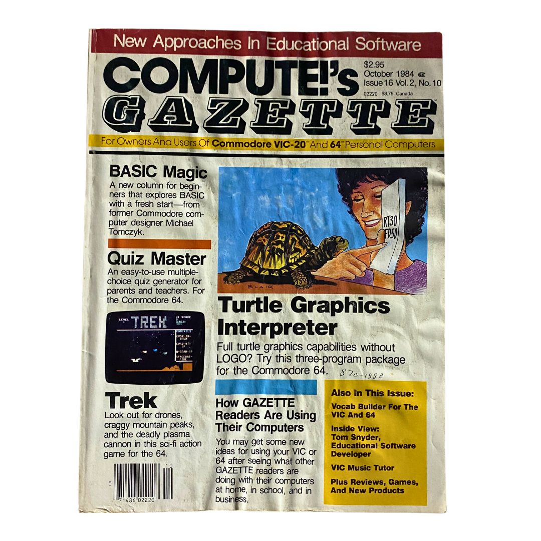 Cover of Compute Gazette Magazine October 1984 featuring articles on BASIC programming, Quiz Master, and Turtle Graphics Interpreter. Vintage magazine showcasing early personal computing technology.