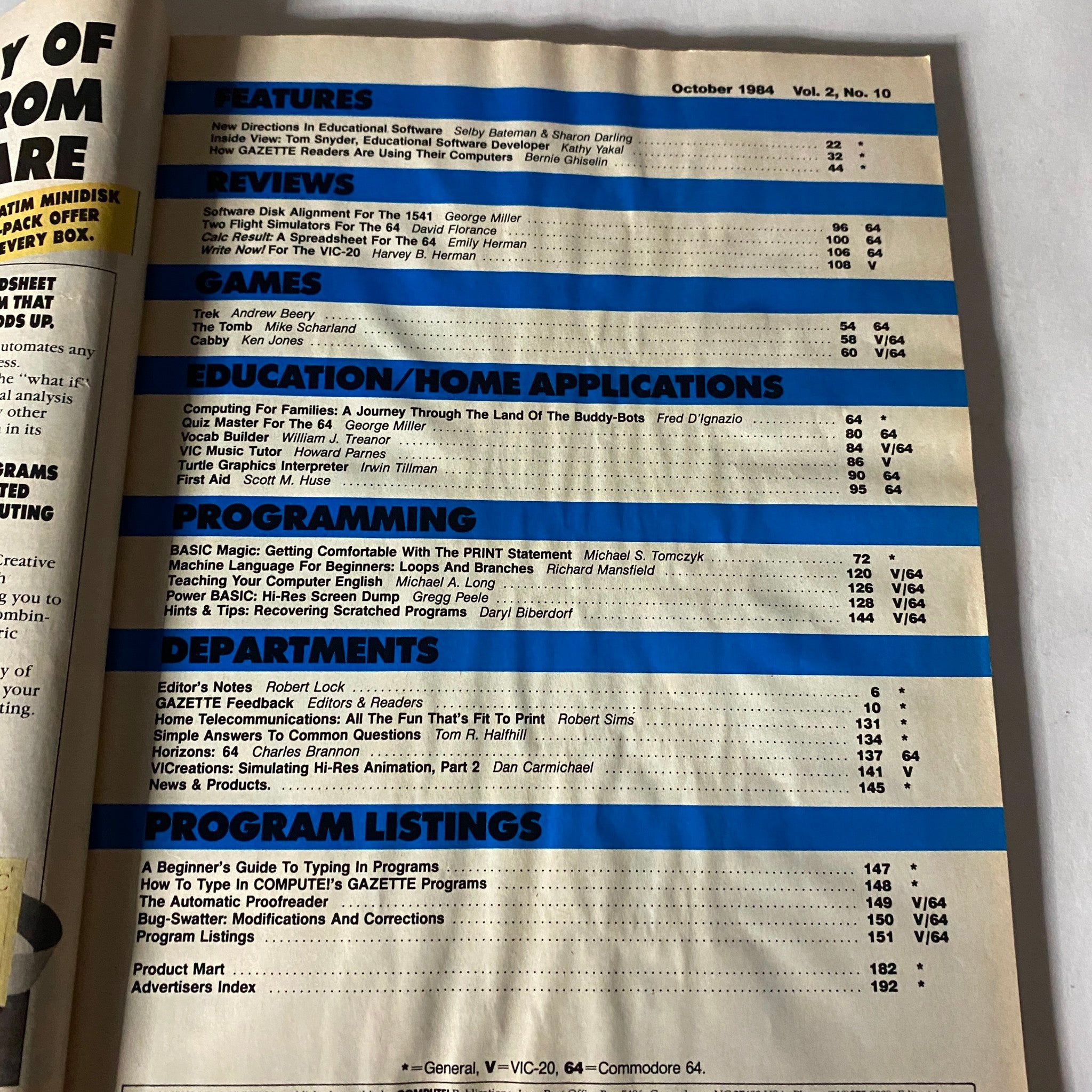Interior page of the VTG Compute Gazette Magazine from October 1984, featuring the table of contents with sections on features, reviews, games, programming, and more. This page illustrates the valuable insights from the early years of personal computing.