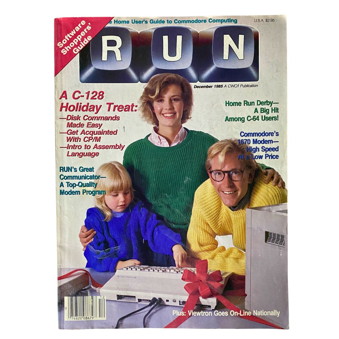 Cover of VTG Run Magazine December 1985 Software Shoppers' Guide featuring a family with a Commodore computer, highlighting holiday software tips and resources.