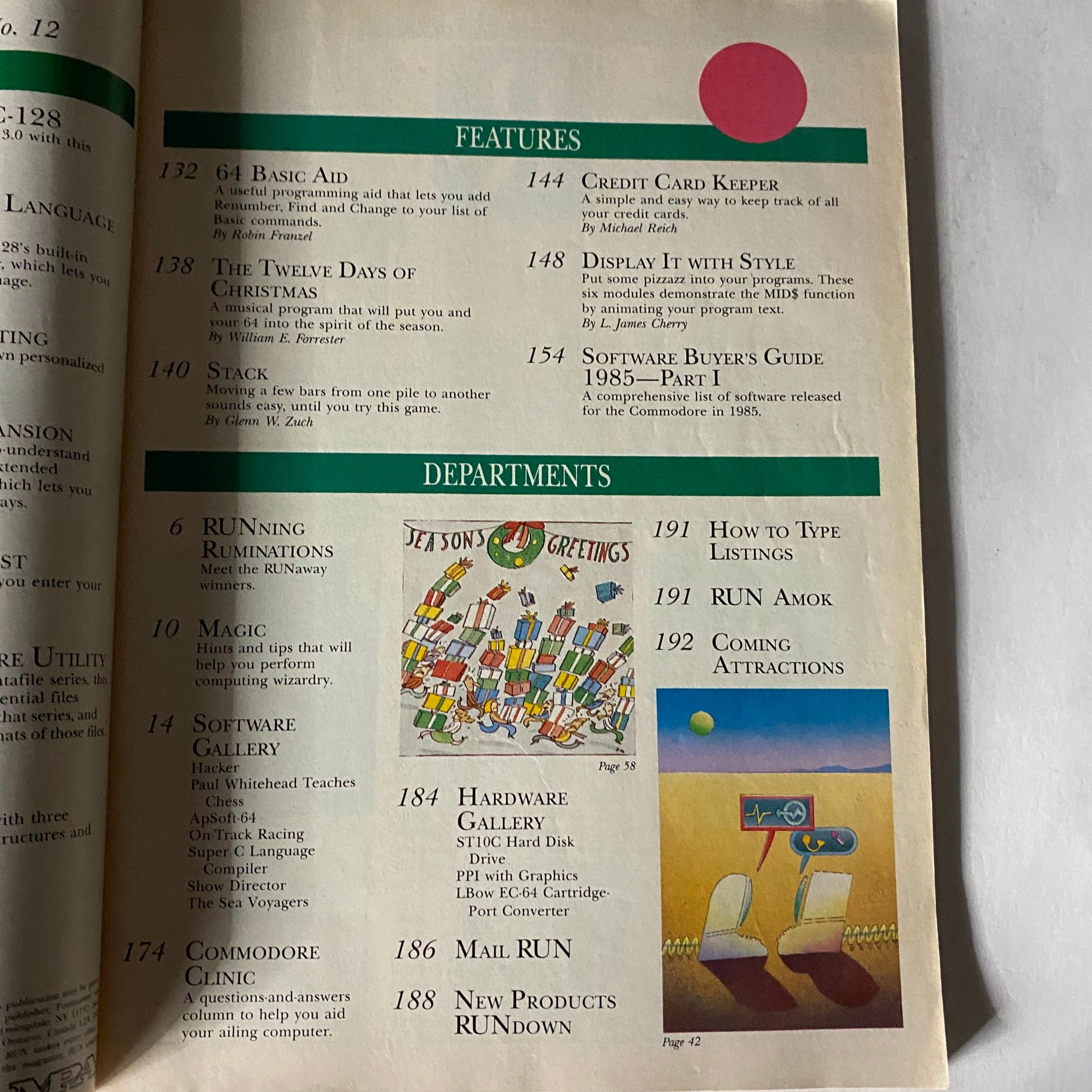 Another inside spread of VTG Run Magazine December 1985 Software Shoppers' Guide, detailing features and departments focused on retro computing software.