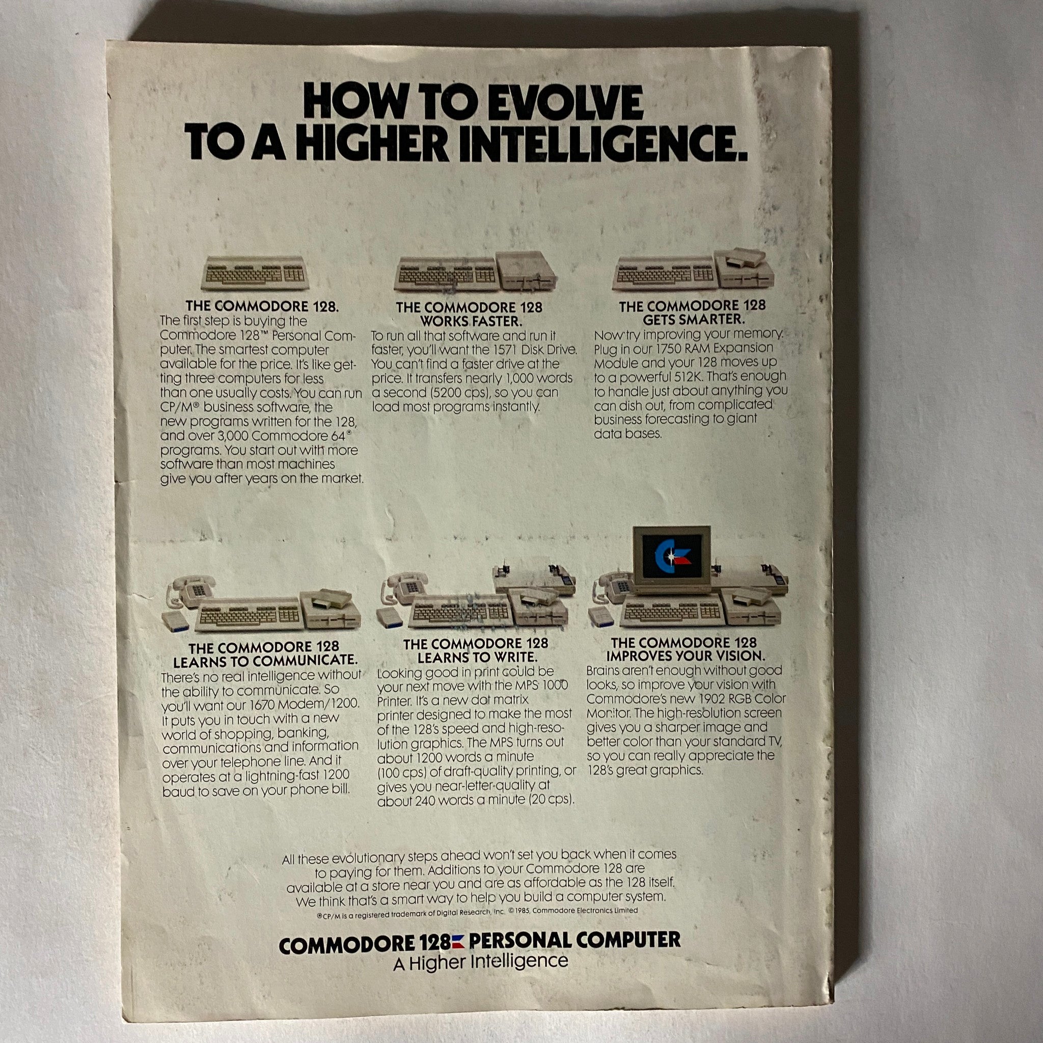 Back cover of VTG Run Magazine December 1985 Software Shoppers' Guide, featuring an advertisement for the Commodore 128 personal computer and its capabilities.