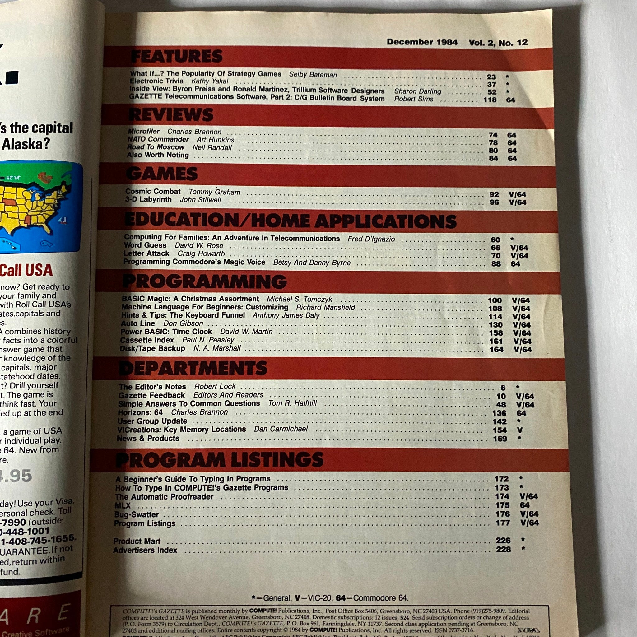 Compute's Gazette Magazine December 1984 Power Basic Time Clock No Label