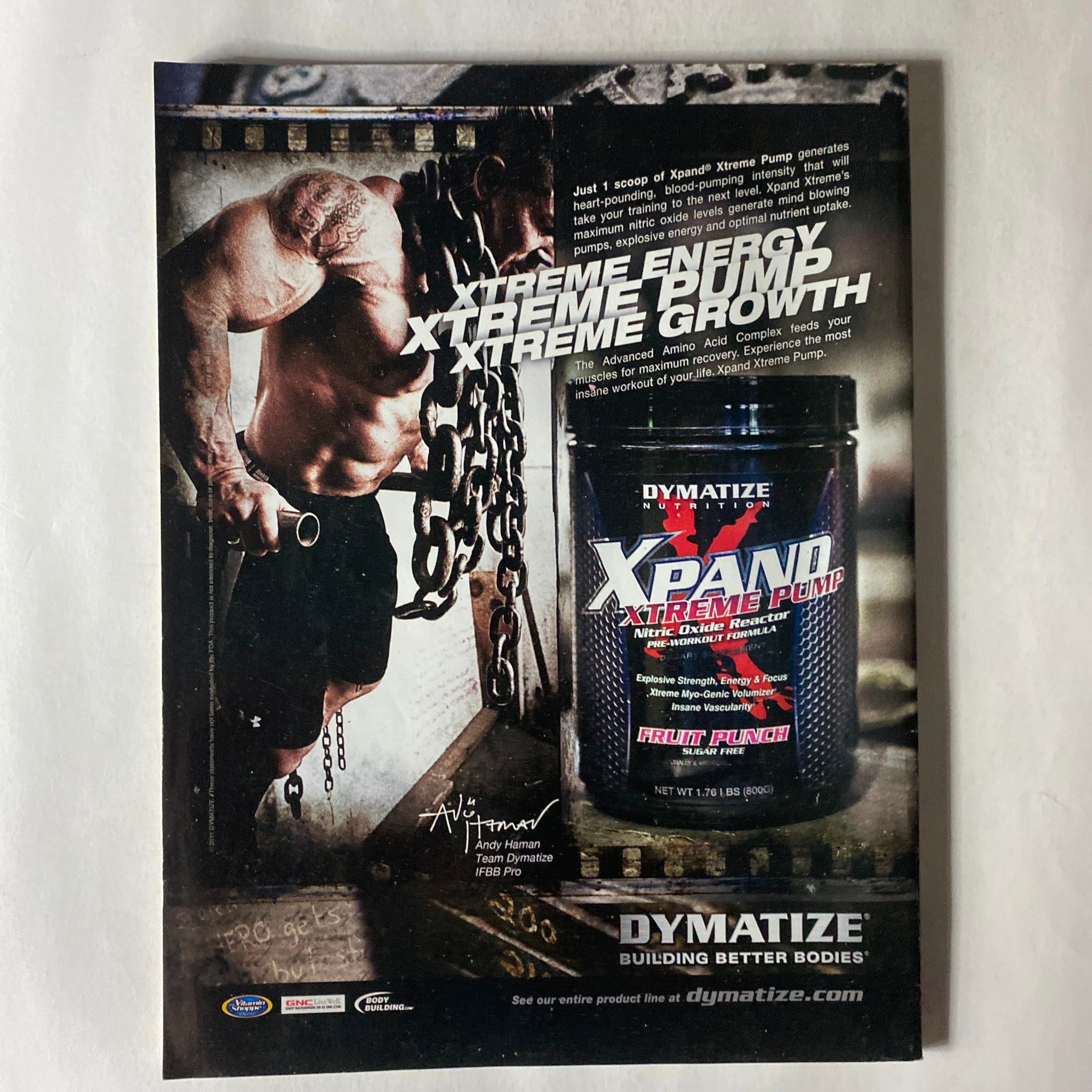 Advertisement from Fitness RX Magazine May 2011 showcasing Dymatize Xtreme Pump supplement. The ad emphasizes extreme energy and muscle growth with a background image of a muscular man chained, symbolizing intense workouts.
