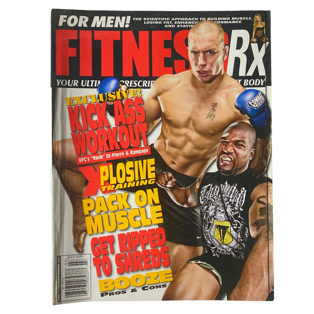 Cover of Fitness RX Magazine July 2009 featuring MMA fighters George St. Pierre and Rampage Jackson, promoting exclusive workout tips and muscle training.