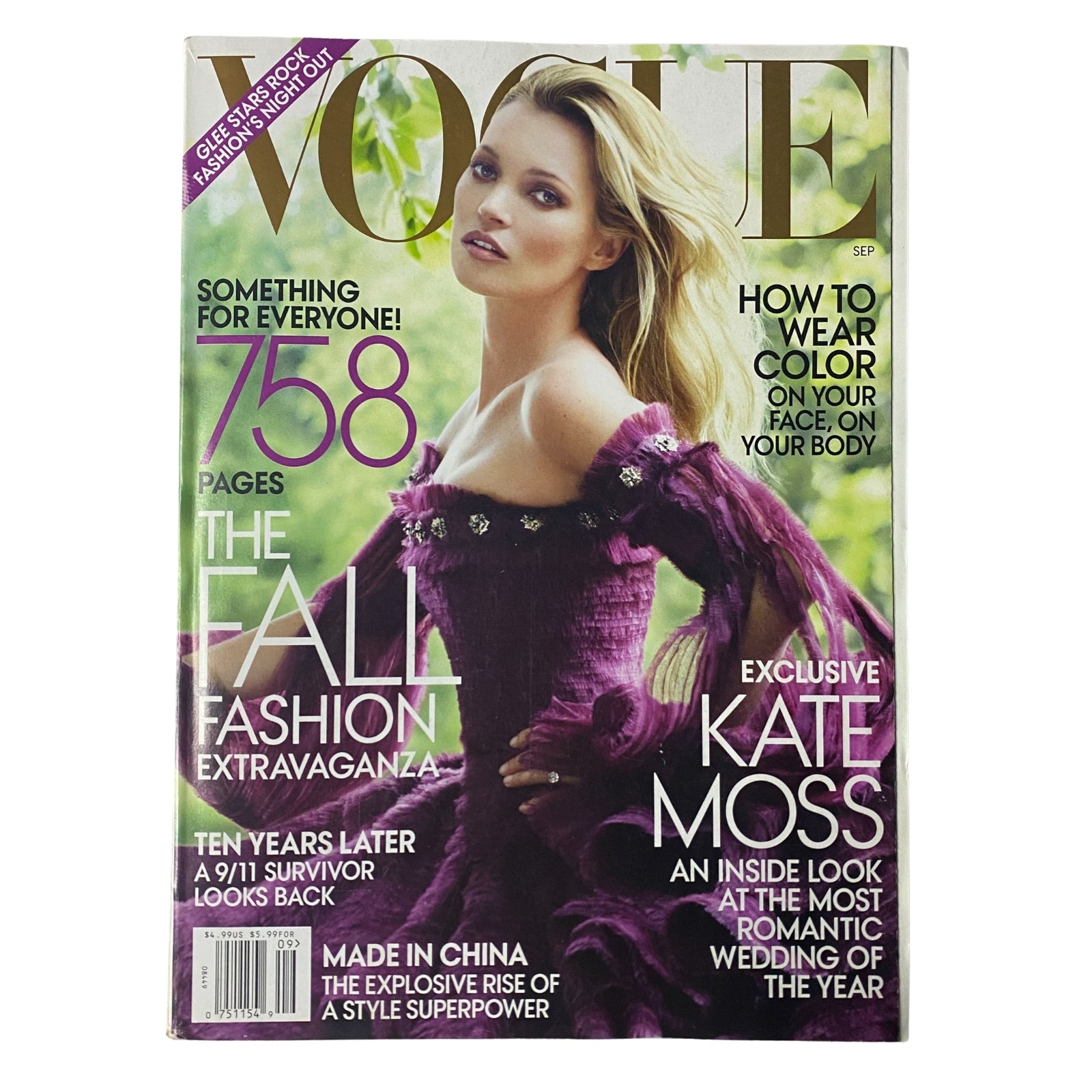 Vogue Magazine September 2011 featuring Kate Moss on the cover, showcasing a stunning bridal portrait, with text highlighting '758 PAGES' and 'THE FALL FASHION EXTRAVAGANZA.'