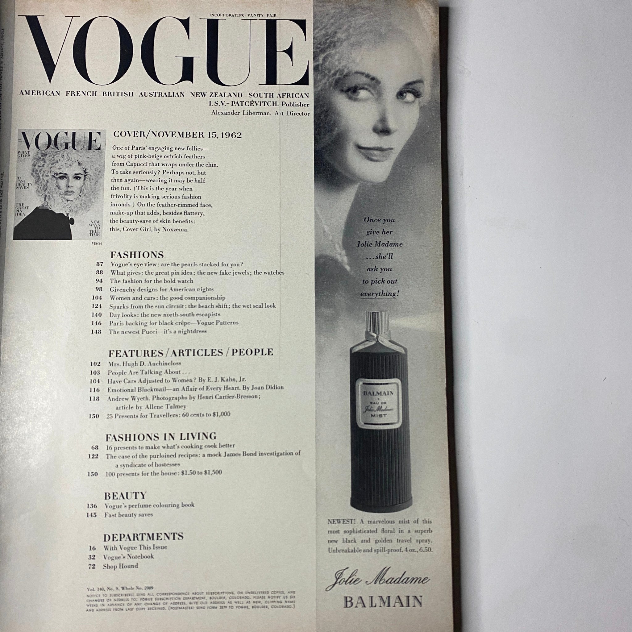 Inside page of Vogue Magazine November 15, 1962 displaying the contents and a Balmain advertisement, highlighting beauty and fashion insights.