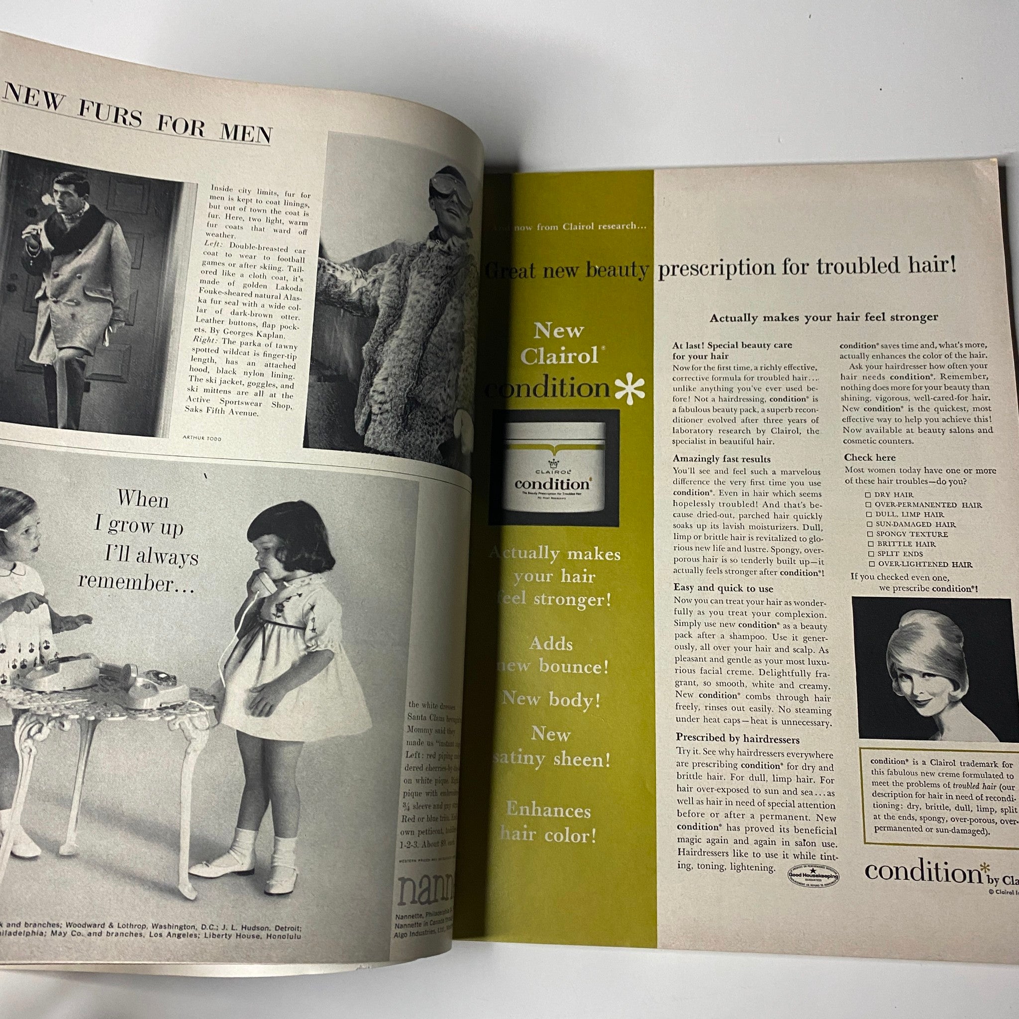 Spread from Vogue Magazine November 15, 1962 featuring advertisements and fashion articles including new furs for men.