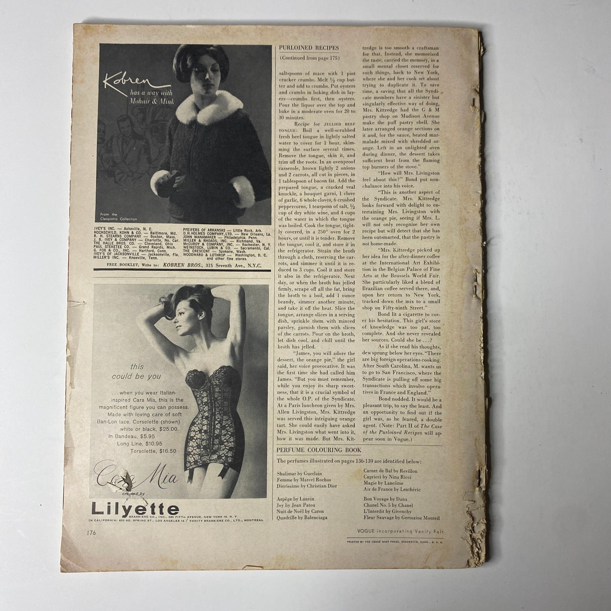 Back page of Vogue Magazine November 15, 1962 showcasing various advertisements, including a charming illustration for beauty products.