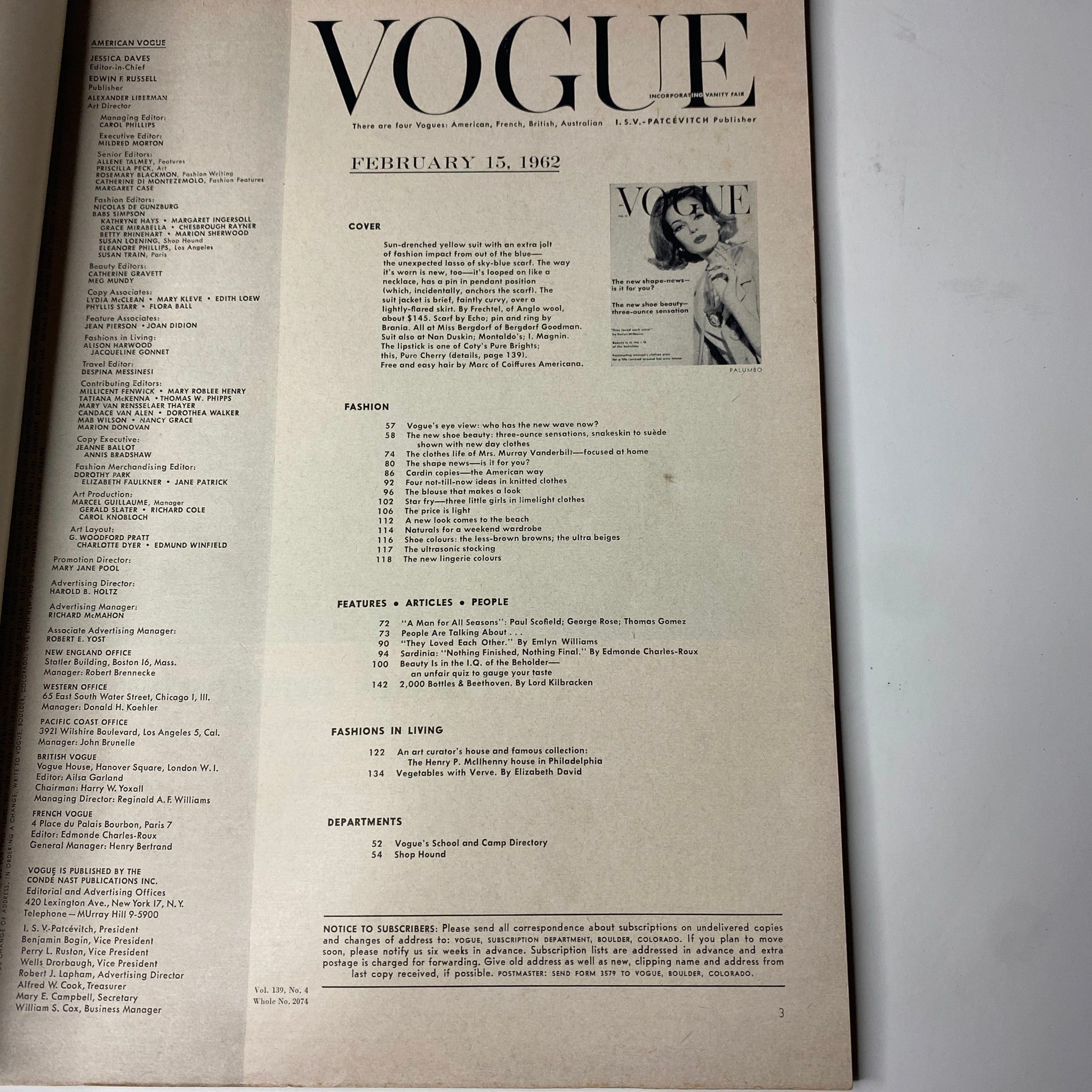 Table of contents from Vogue Magazine – February 15, 1962 detailing articles on fashion, features, and lifestyle topics, encapsulating the essence of early 1960s American Vogue.