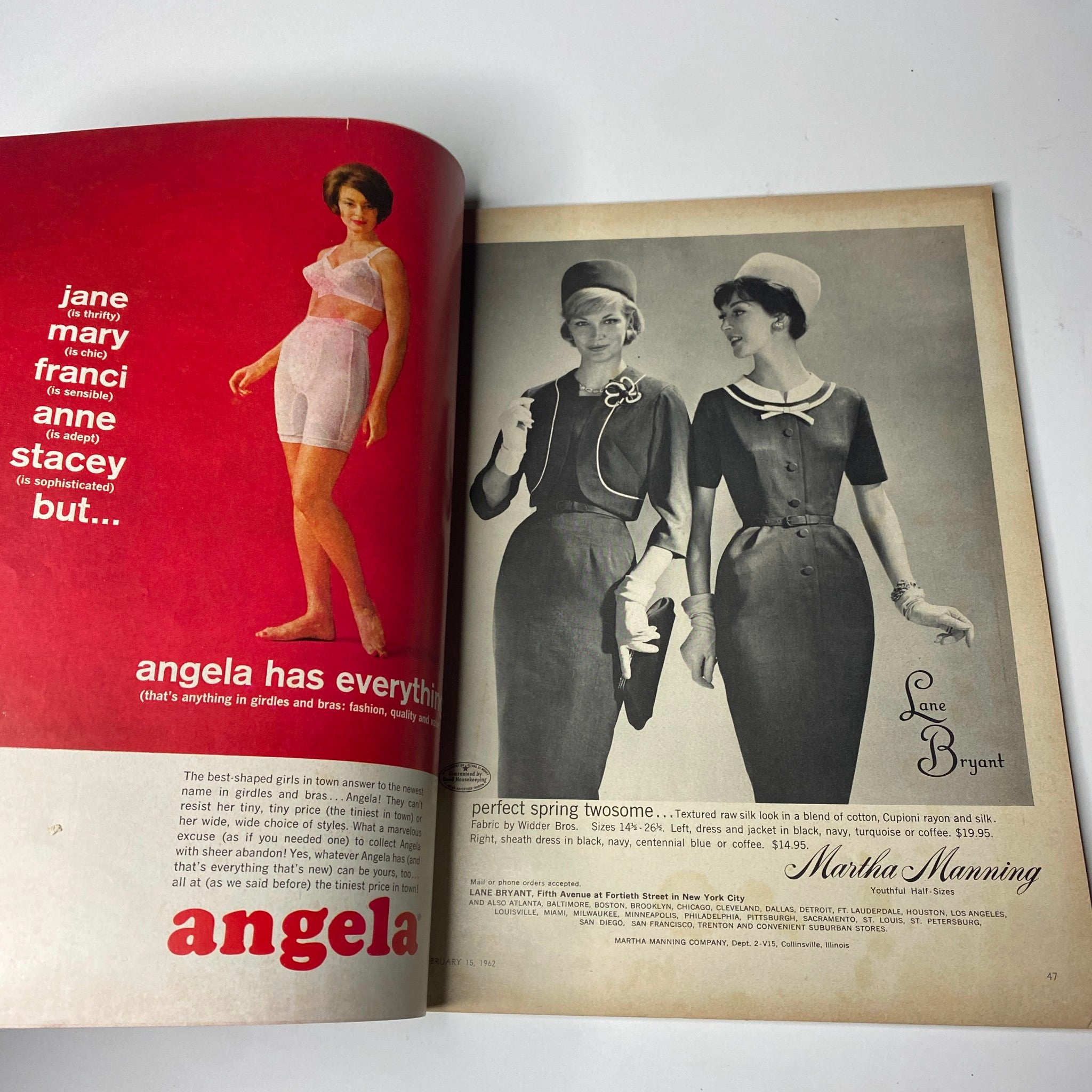Fashion advertisement spread from Vogue Magazine – February 15, 1962, showcasing spring attire by designers, highlighting the fashion trends and styles of the era.