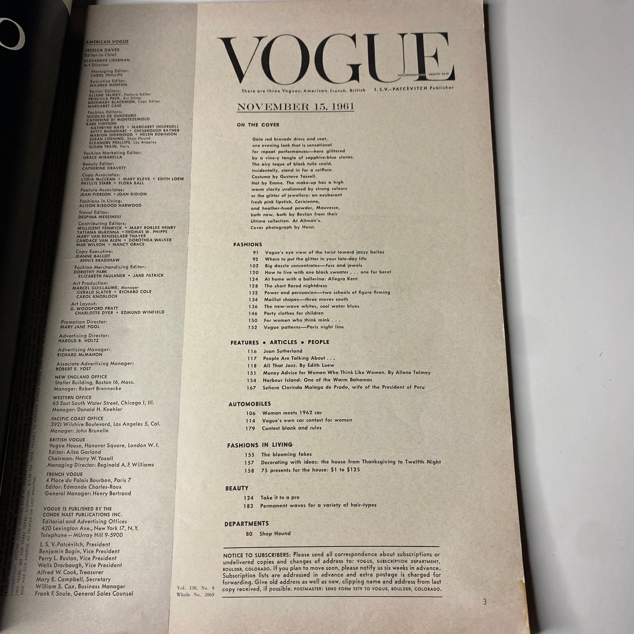 Vogue Magazine November 15, 1961 interior page displaying the table of contents, outlining the stylish features and articles included in this iconic issue.
