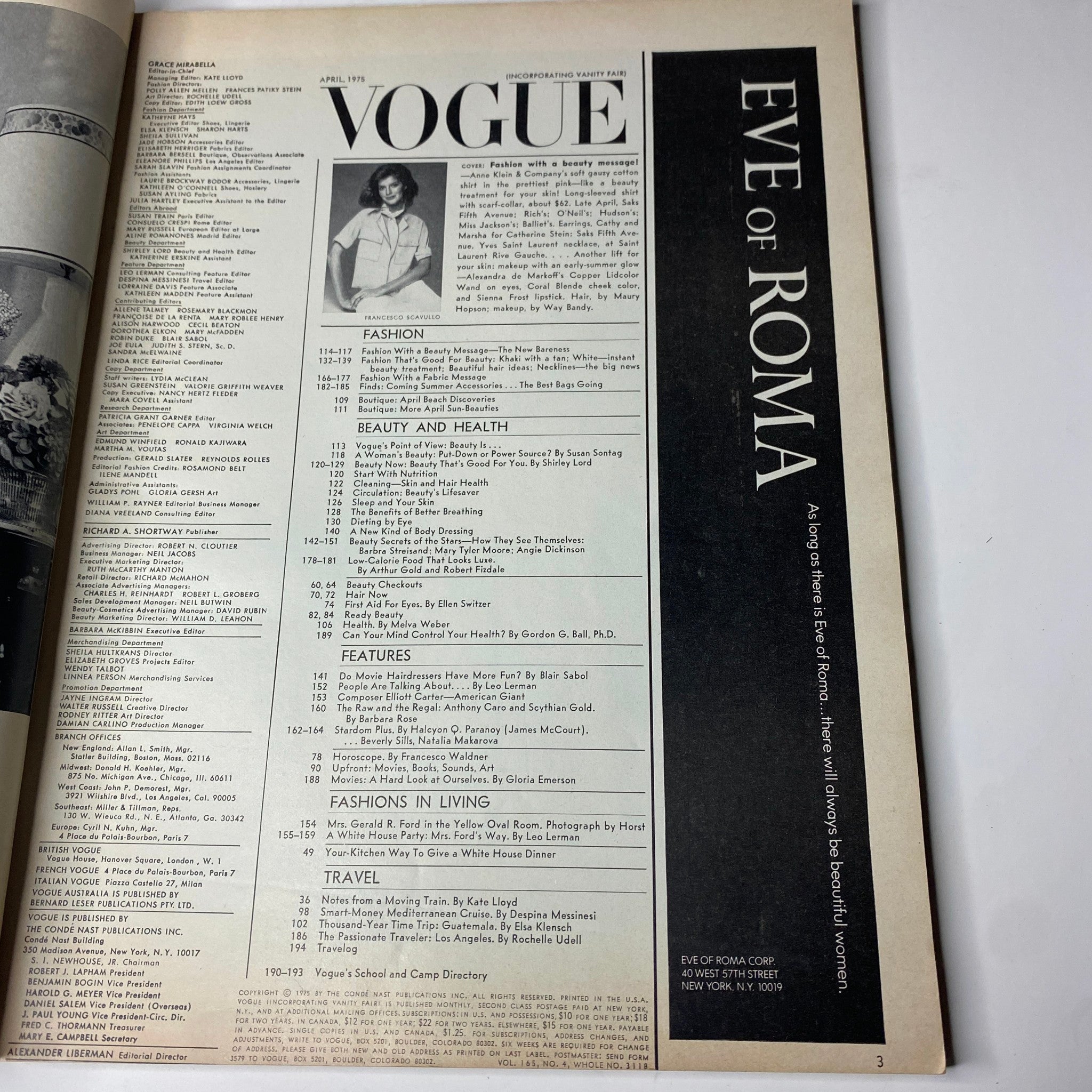 Inside page of Vogue Magazine April 1975 displaying the table of contents featuring fashion and beauty articles.