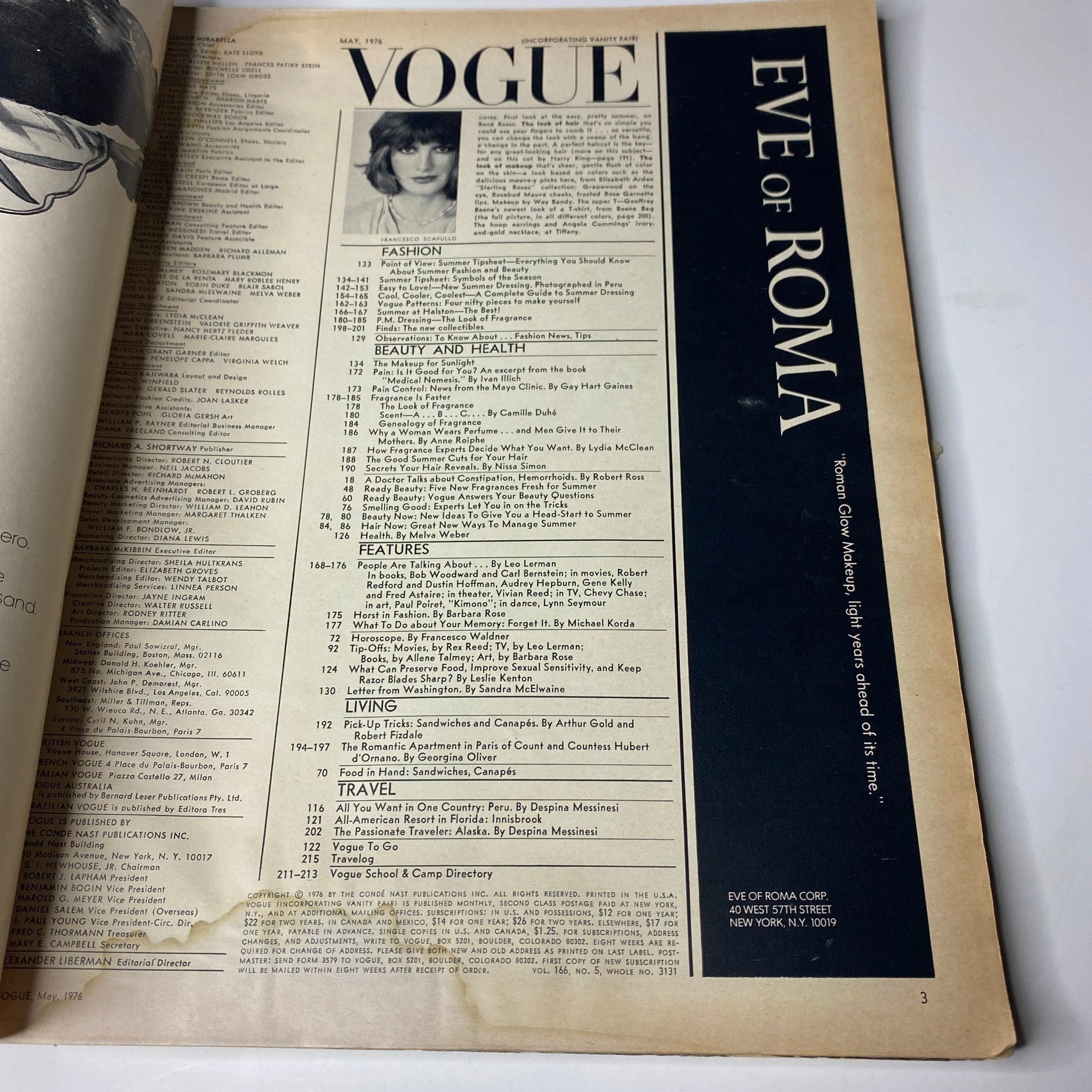 Inside page of Vogue Magazine May 1976 featuring the table of contents, highlighting fashion and beauty sections, showcasing editorial quality and design.