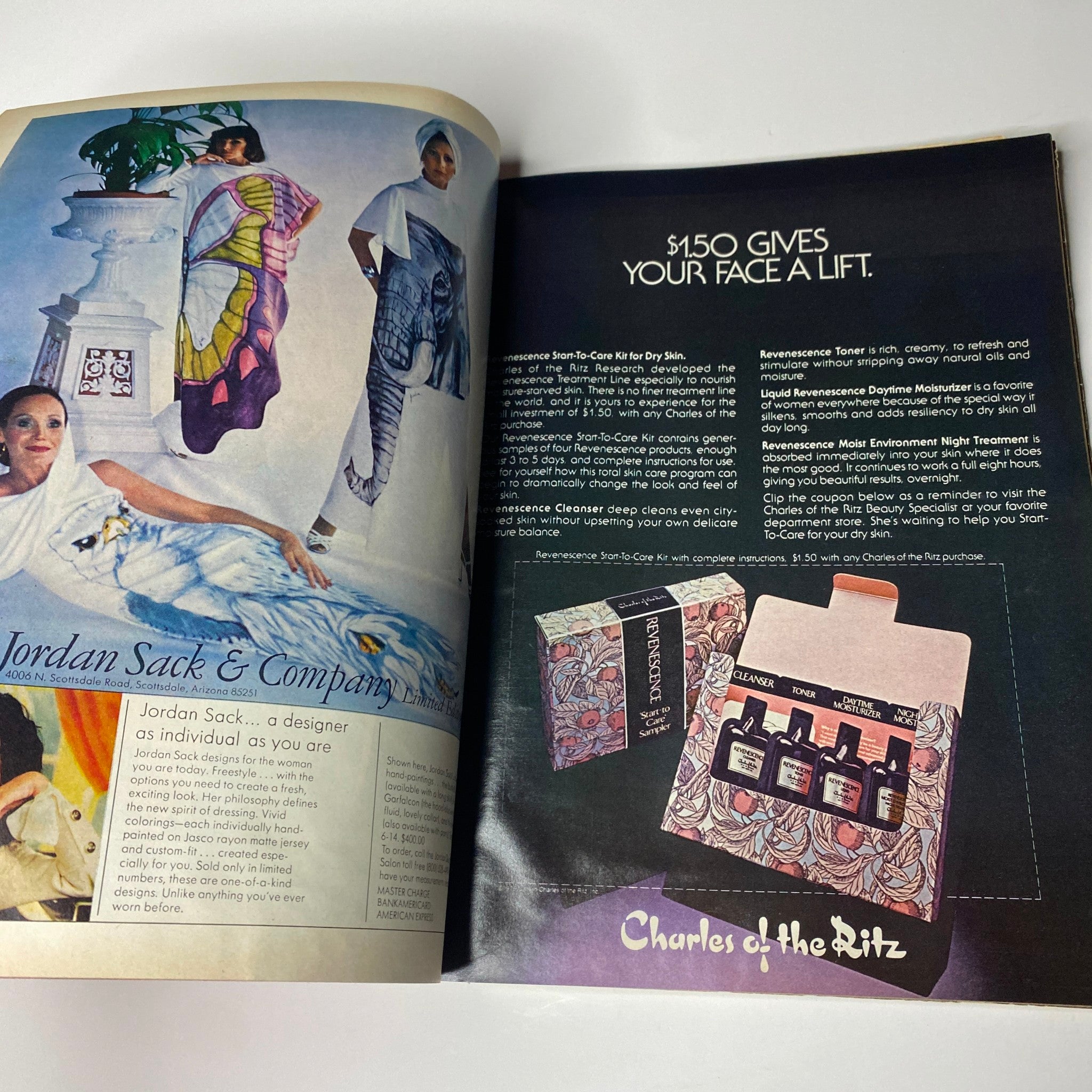 Inside page of Vogue Magazine May 1976, featuring an advertisement for Jordan Sack & Company, illustrating 1970s fashion and promoting beauty products.
