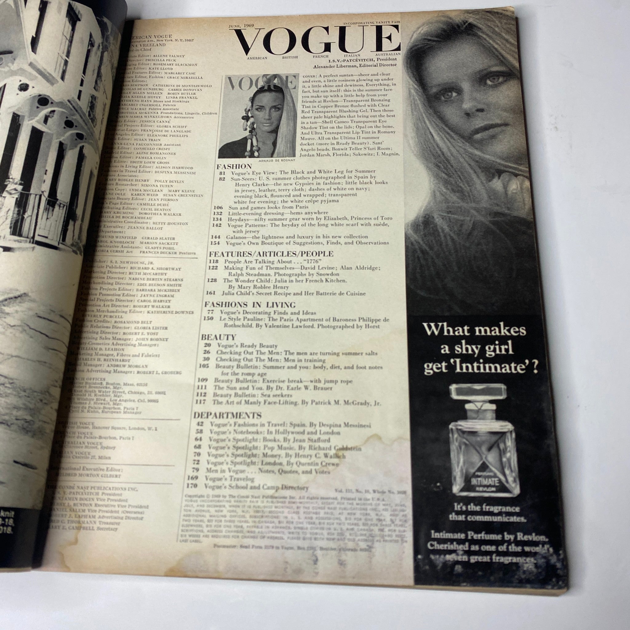 Interior page of Vogue Magazine June 1969 featuring fashion photography, hair styling tips, and a prominent model's profile. The issue includes notable contributions to fashion trends from that era.