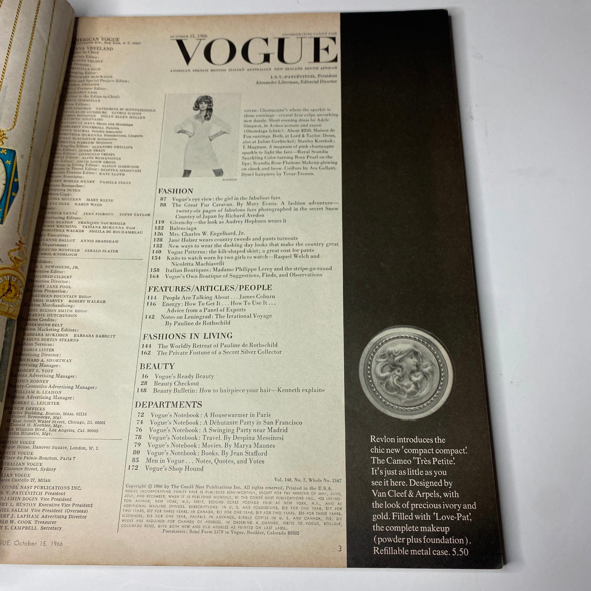 Interior page of Vogue Magazine October 15, 1966 displaying the table of contents with a stylish layout, emphasizing the fashion and beauty articles featured.