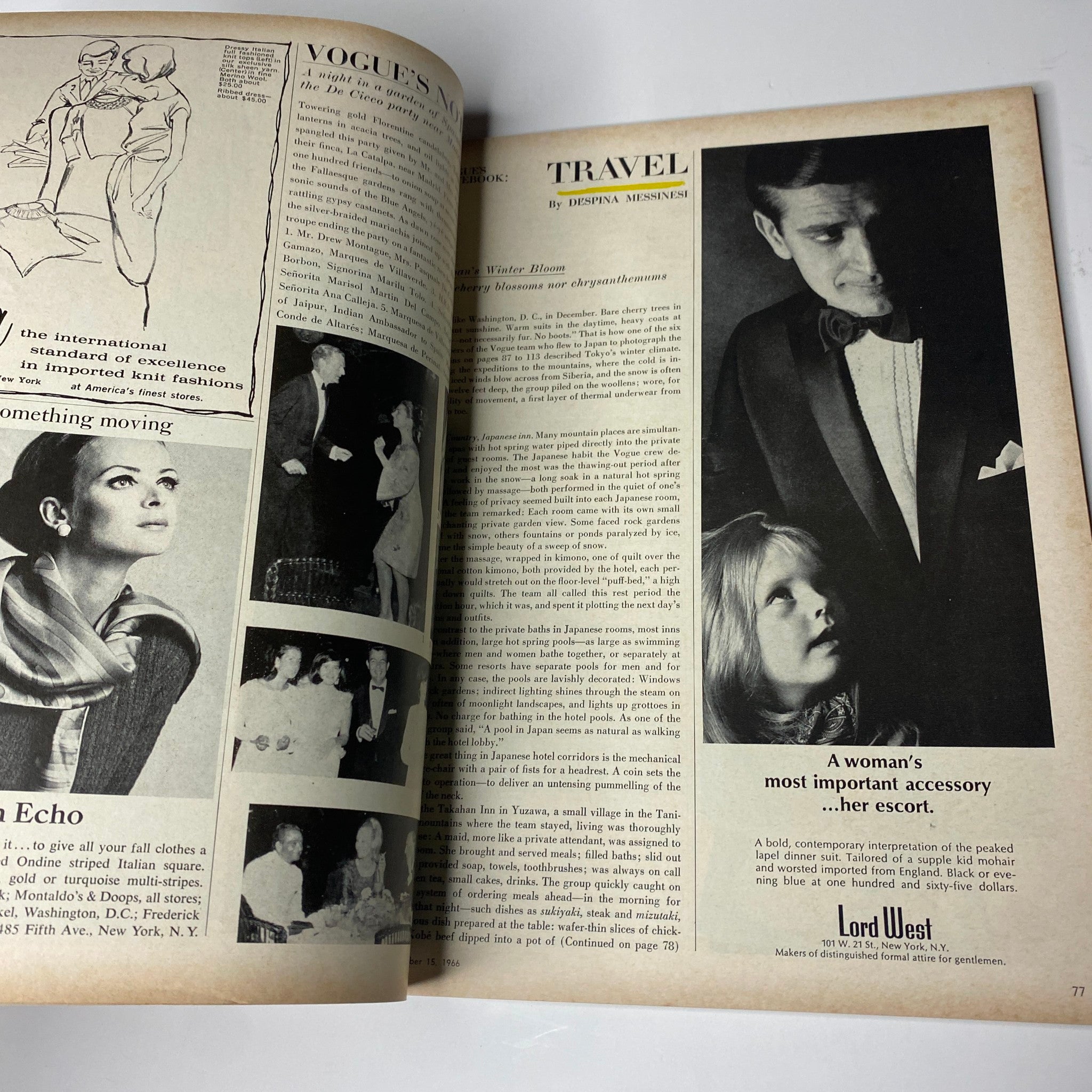 Interior page of Vogue Magazine October 15, 1966 illustrating a travel article with a sophisticated monochrome photograph, reflecting the magazine's focus on elegance and style.