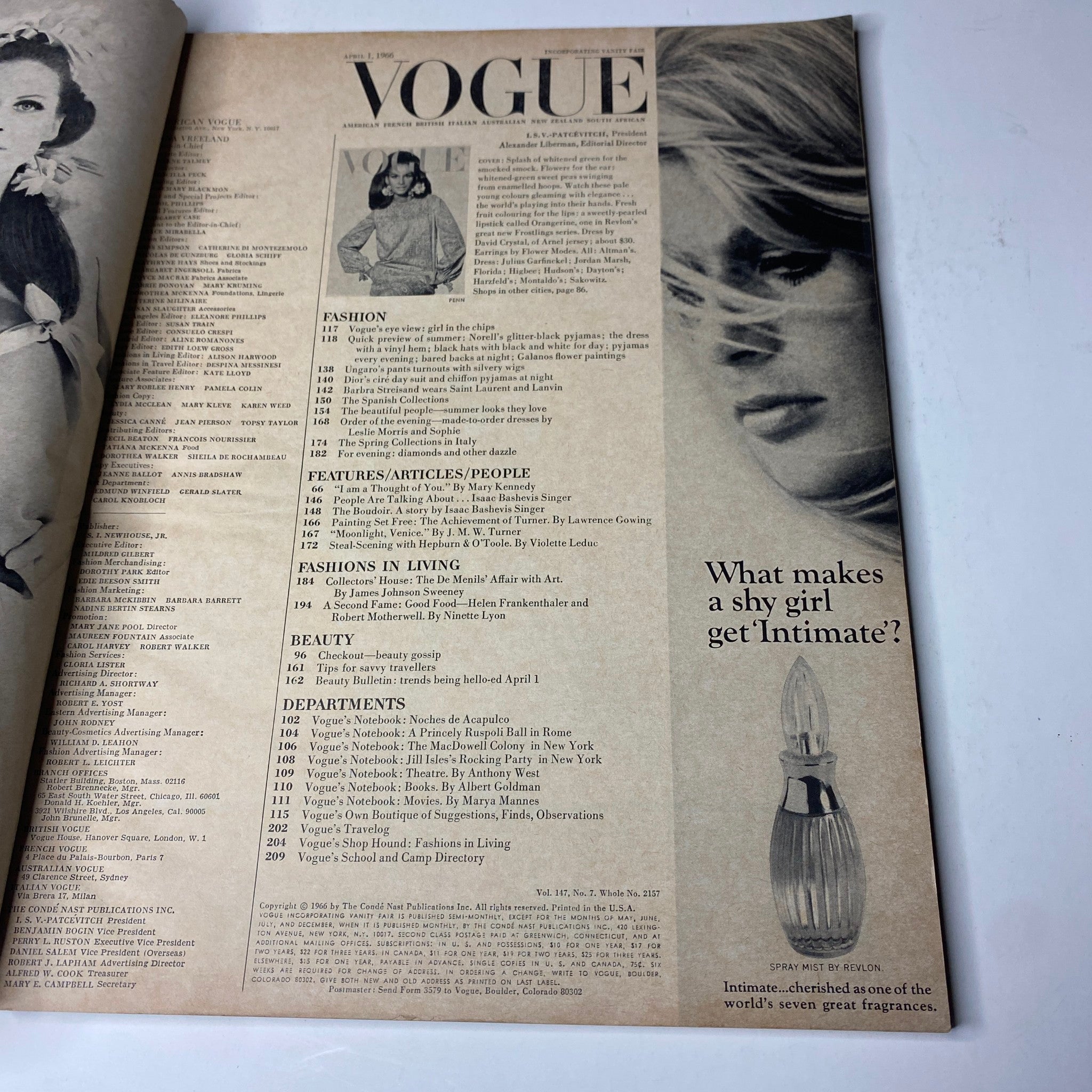Inside page of Vogue Magazine April 1, 1966 featuring the table of contents, highlighting various fashion articles and contributors.