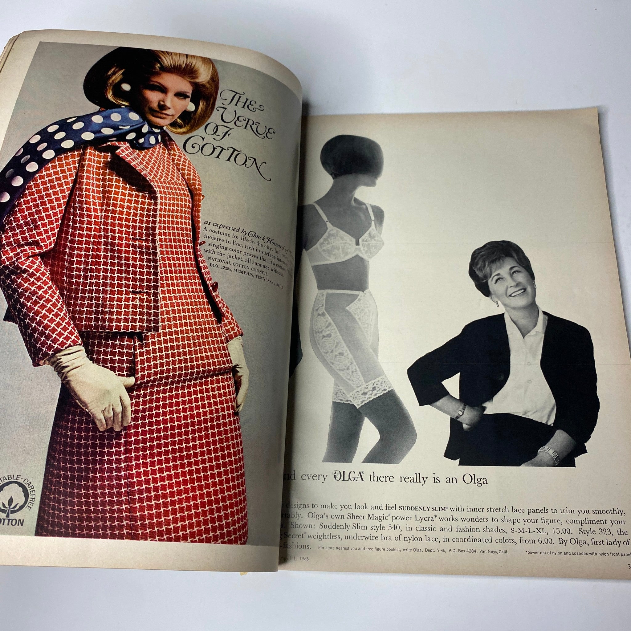 Interior spread of Vogue Magazine April 1, 1966, showcasing fashion advertisements and models, featuring 'The Jury of Cotton' with stylish outfits.