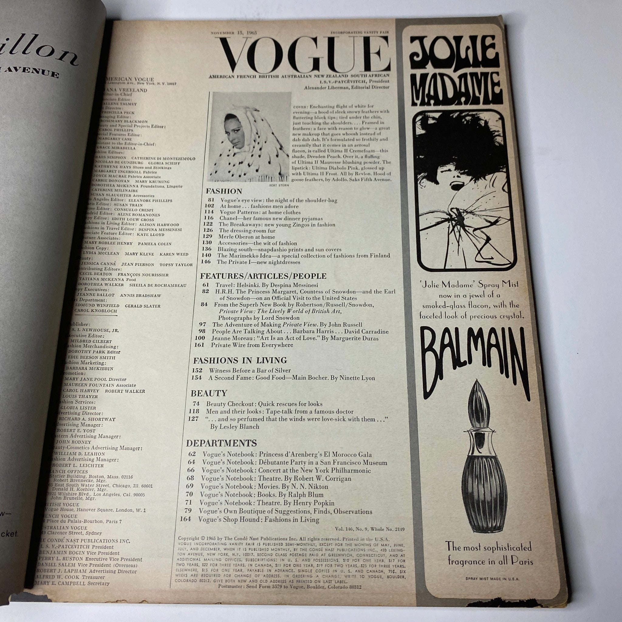 Table of contents page from Vogue Magazine – November 15, 1965 – highlighting articles on fashion, beauty, and features of the issue.