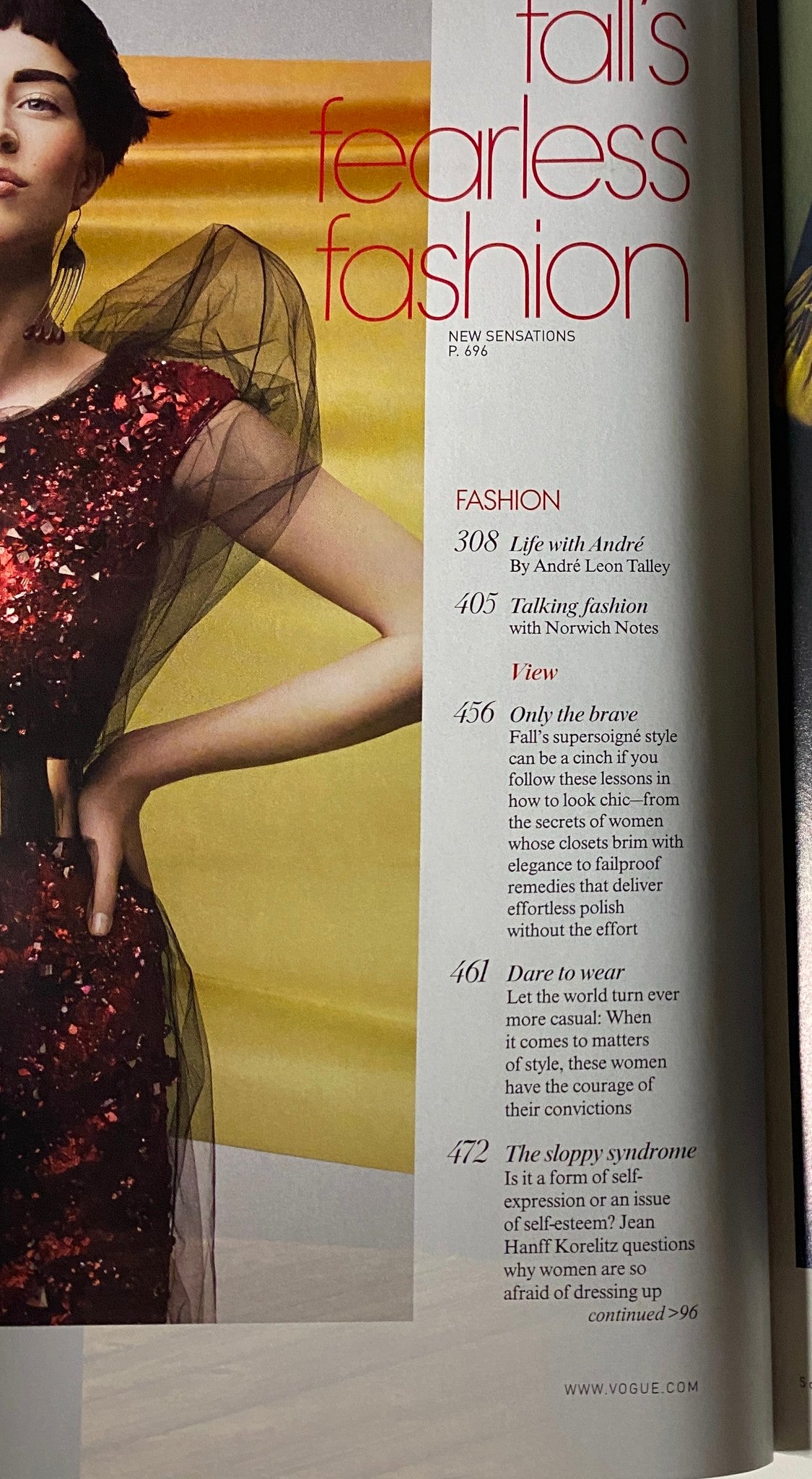 Inside page of Vogue Magazine September 2007 featuring sections on fashion trends, including 'Fall's Fearless Fashion' and articles by notable contributors like André Leon Talley.