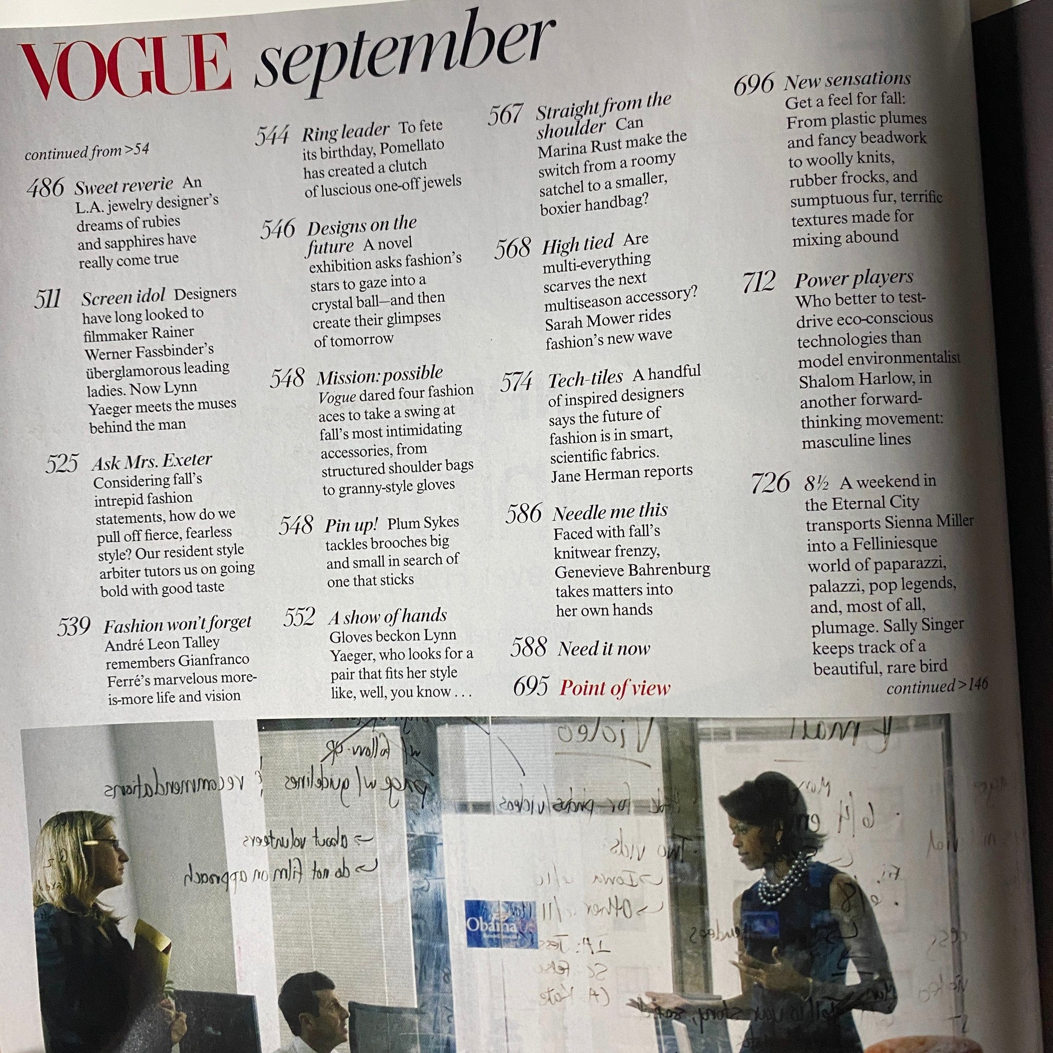 Inside content of Vogue Magazine September 2007, listing articles such as 'Ask Mrs. Exeter' and 'Straight from the Shoulder,' focusing on fashion and style insights.