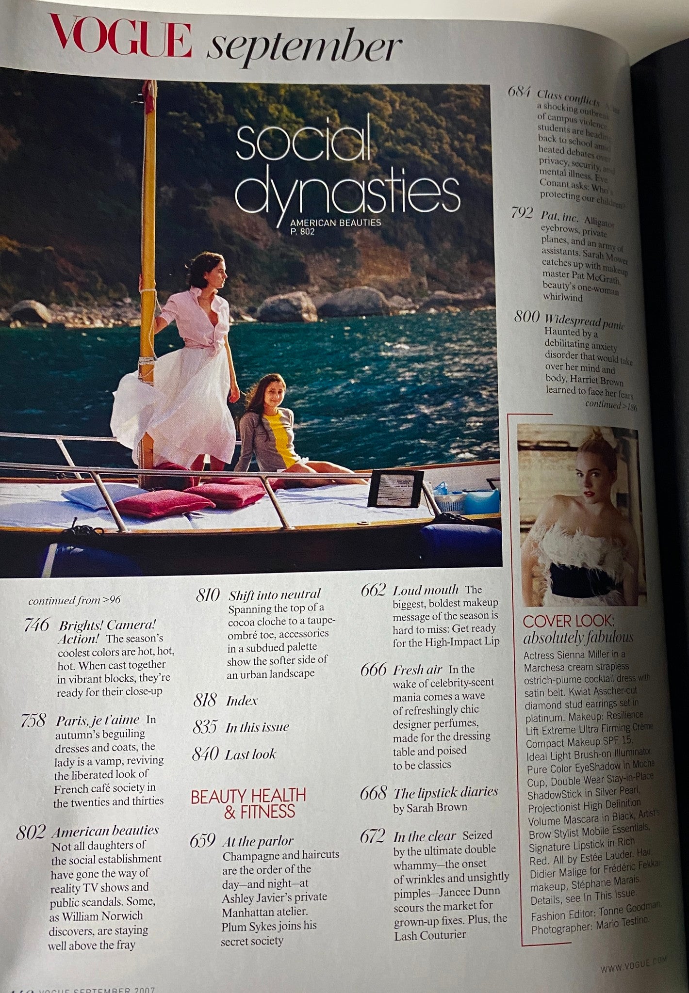 Vogue Magazine September 2007 featuring a fashion spread titled 'Social Dynasties' with a model in stylish attire on a boat, showcasing fall fashion trends.