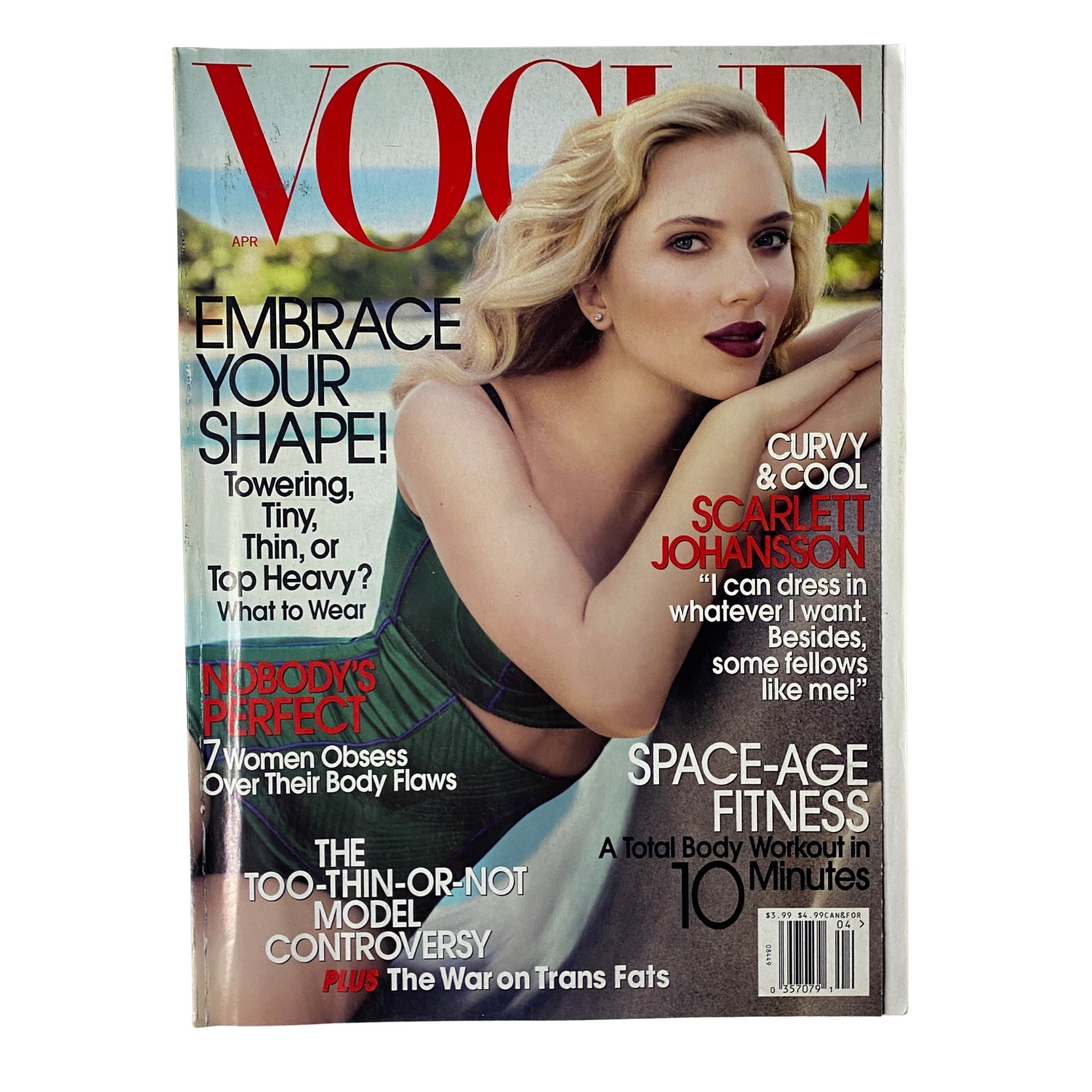 Vogue Magazine April 2007 featuring Scarlett Johansson on the cover, showcasing the theme 'Embrace Your Shape' with a message about body positivity and stylish choices.
