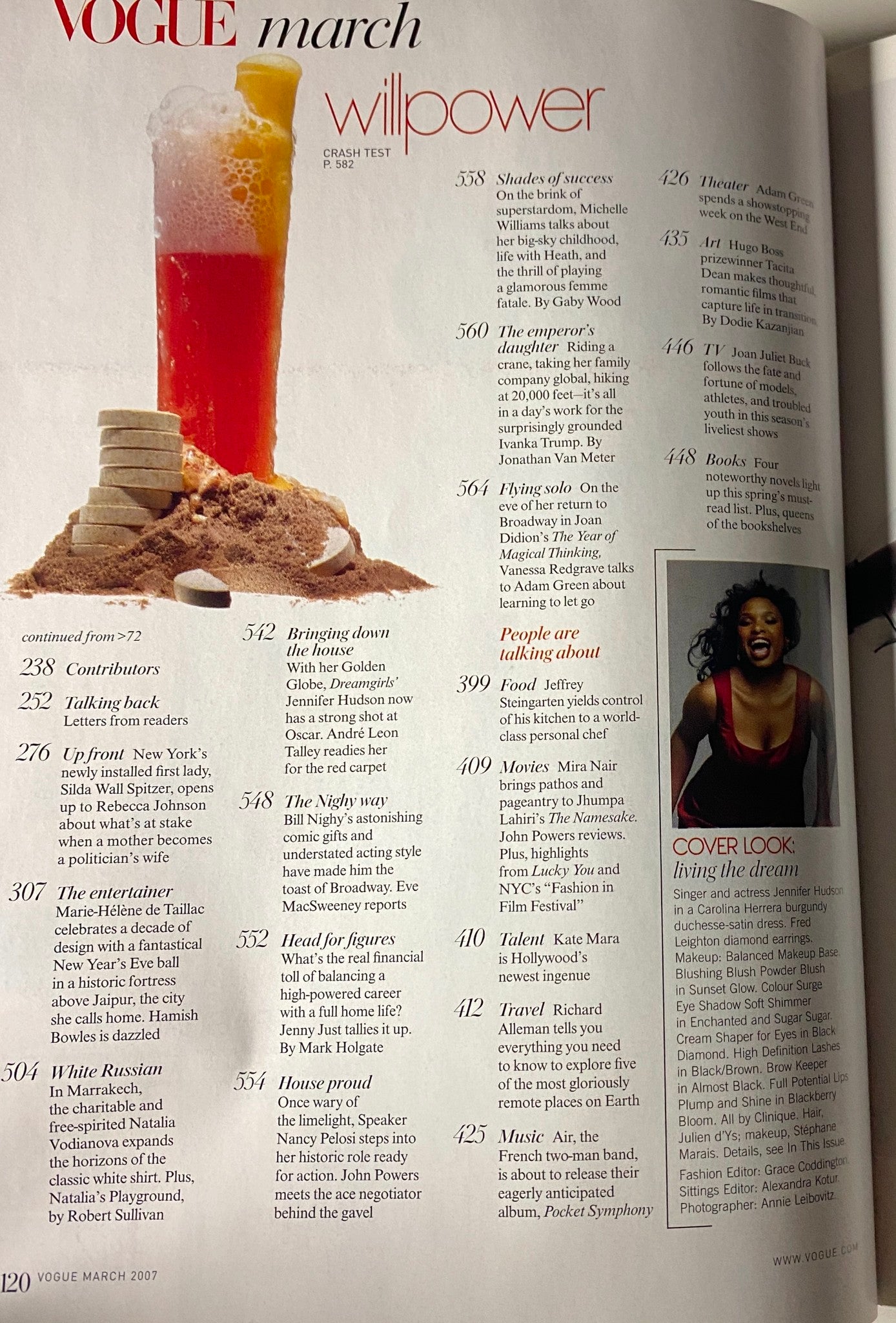 Interior page of Vogue Magazine March 2007, illustrating an article on 'willpower' featuring a colorful drink and mentioning the coverage of Jennifer Hudson.