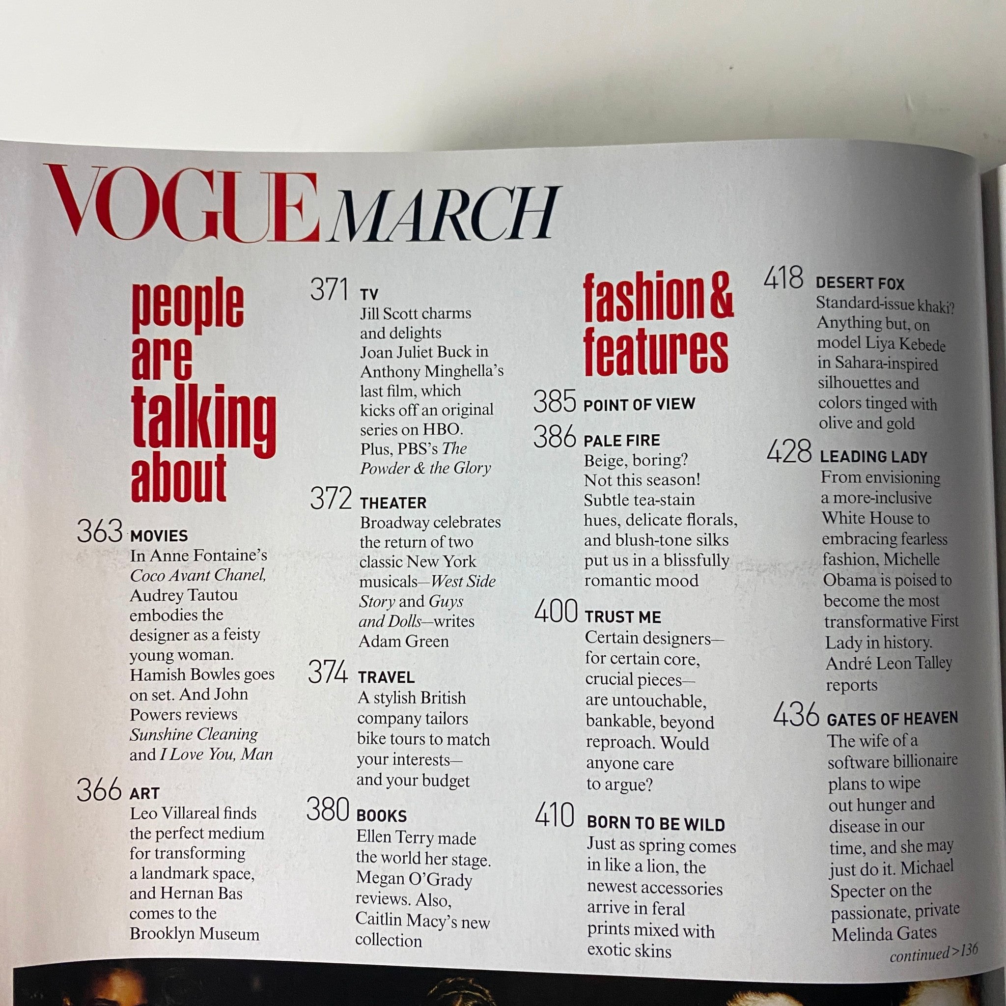 Content page of Vogue Magazine March 2009 highlighting fashion and features along with the column 'People Are Talking About'.