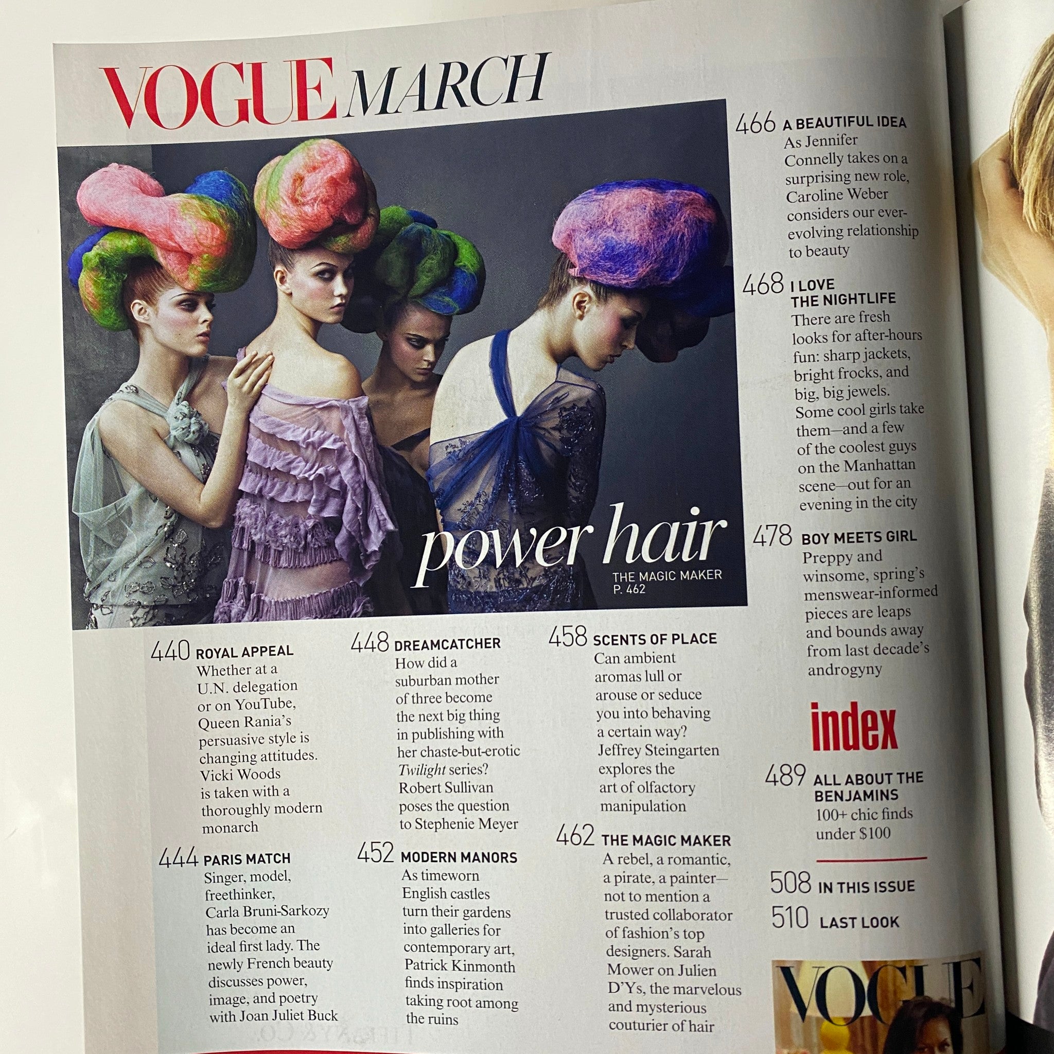 Vogue Magazine March 2009 page displaying 'Power Hair' with models featuring extravagant hairstyles and fashion.